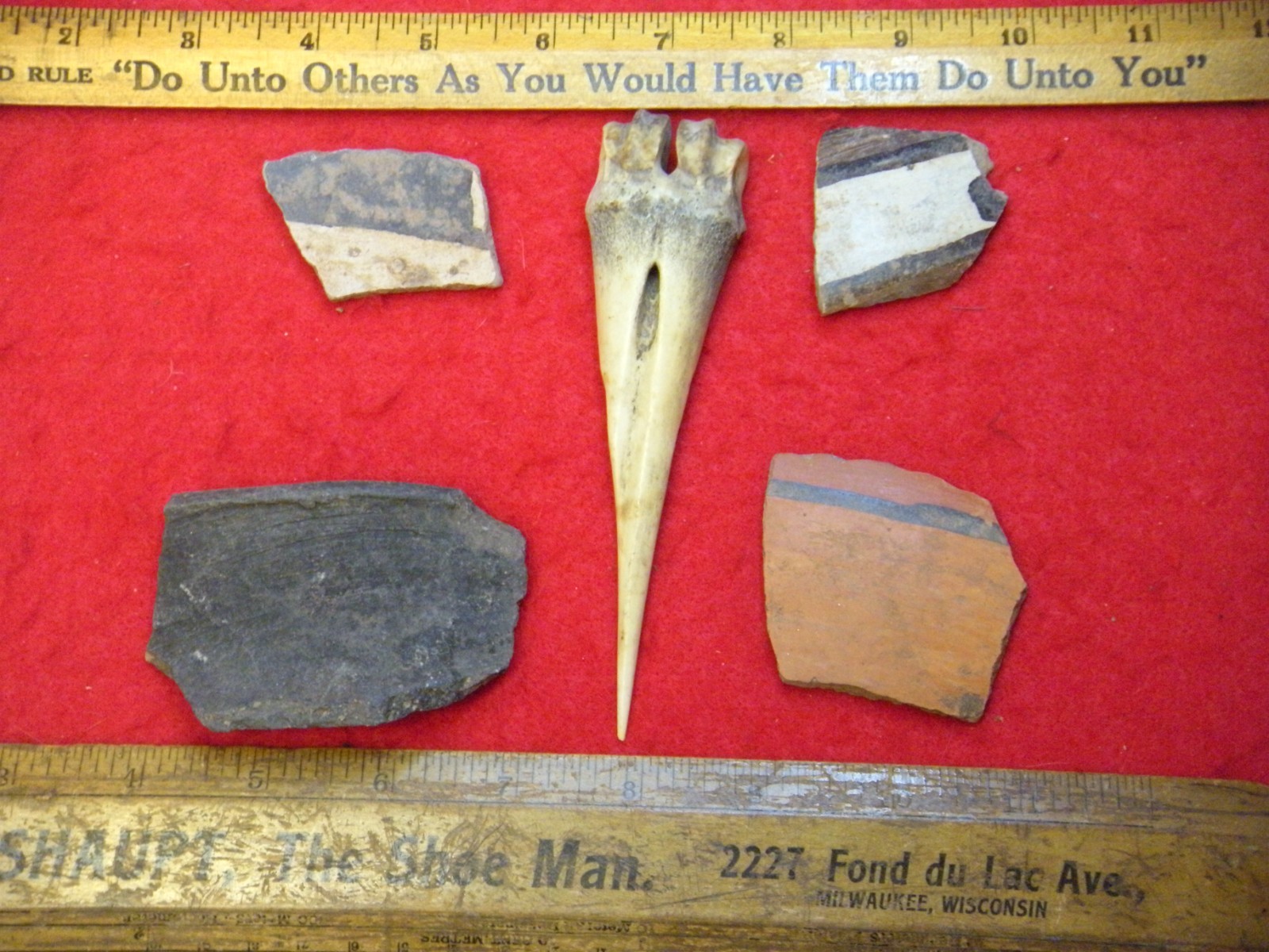 5.23" BONE AWL – CHICAGO ILL ESTATE - FOUR PIECES POTTERY - FOUR ARTIFICTS