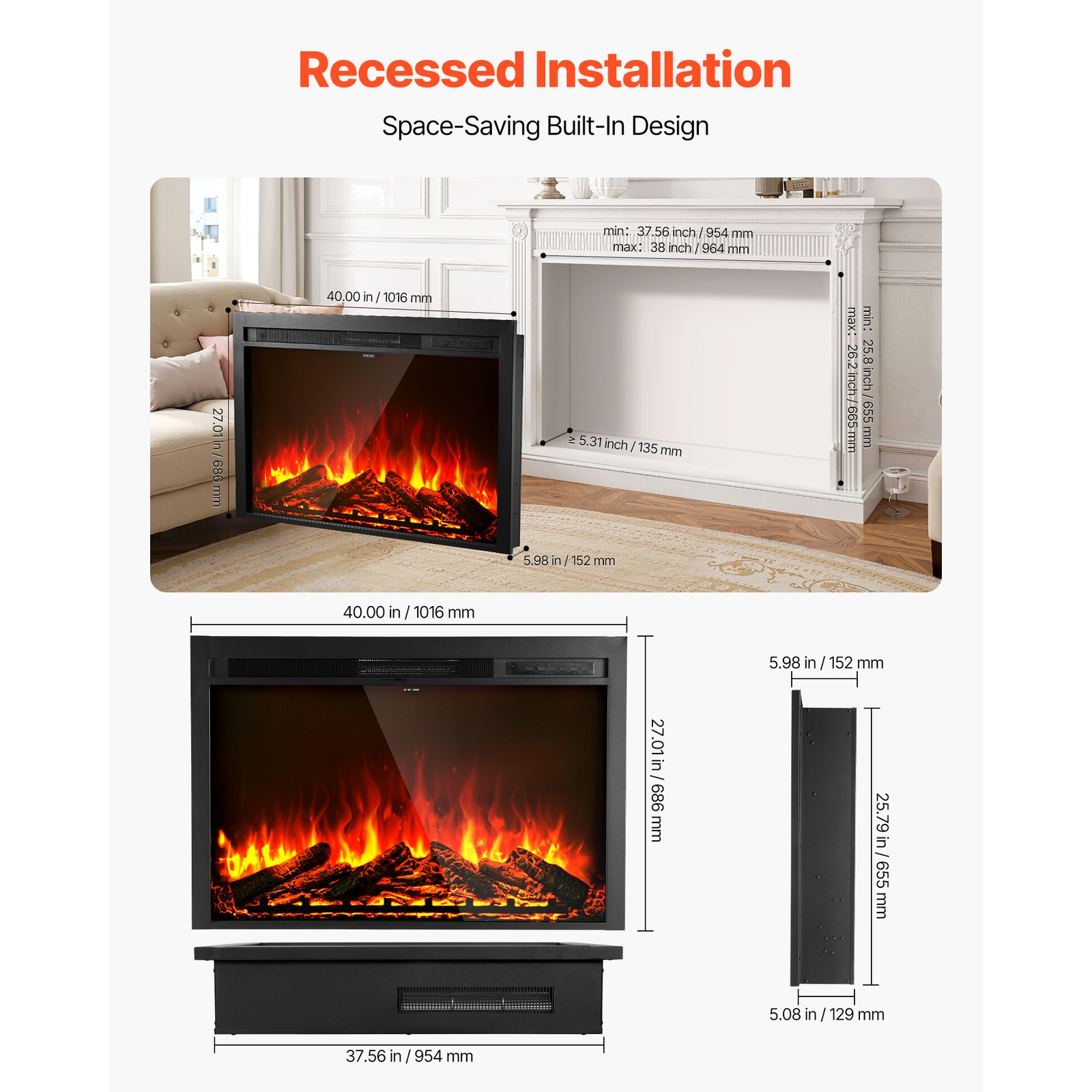 Uimoso 40in Electric Fireplace Insert with Wall Mount & Adjustable Heater