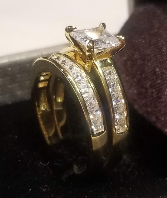 CLEARANCE Princess simulated Diamond Engagement Set Gold Plated Sterling Silver