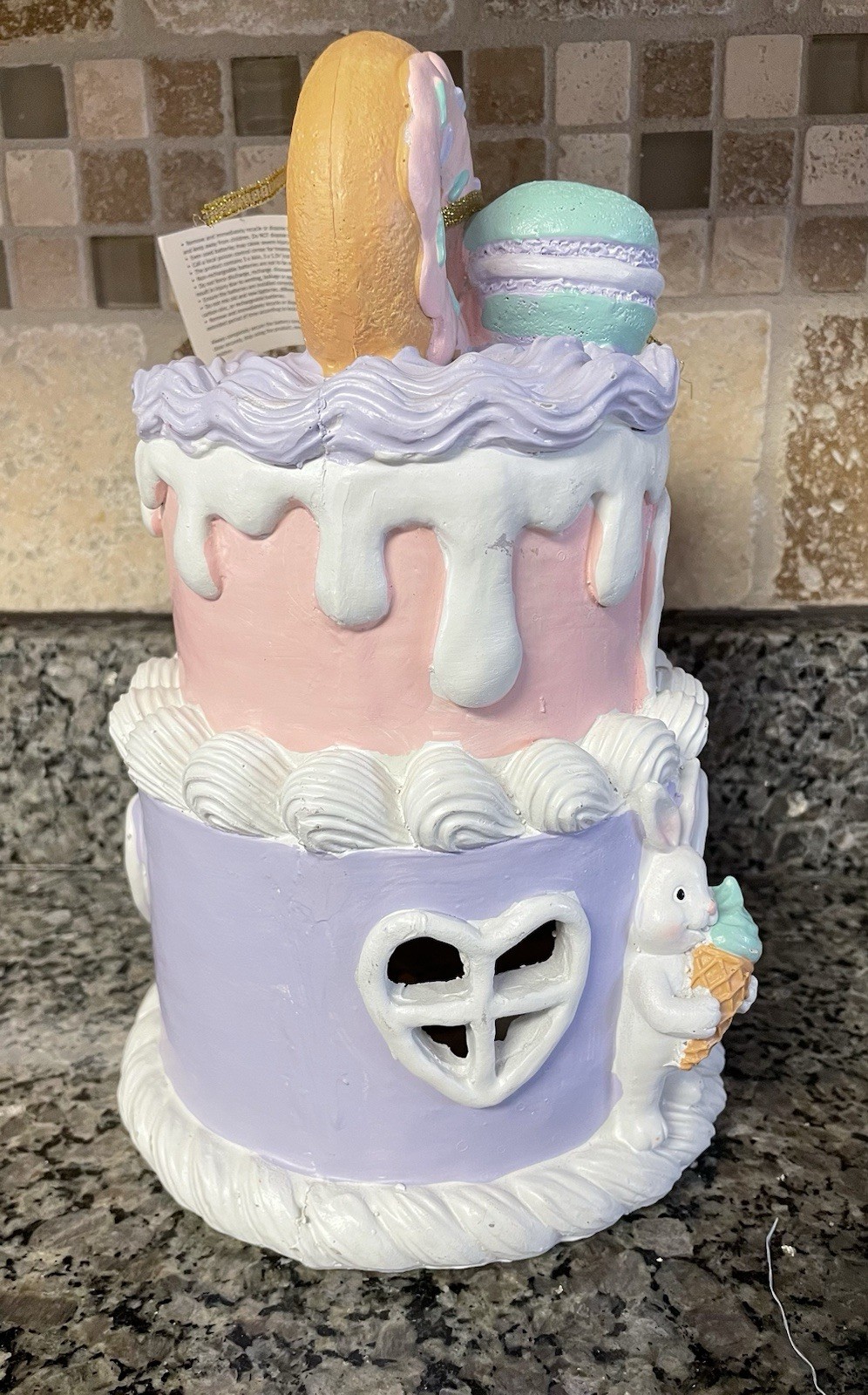 NWT Bella Lux Easter Pastel Frosted Resin Treats Donut & Macaroon Faux LED Cake