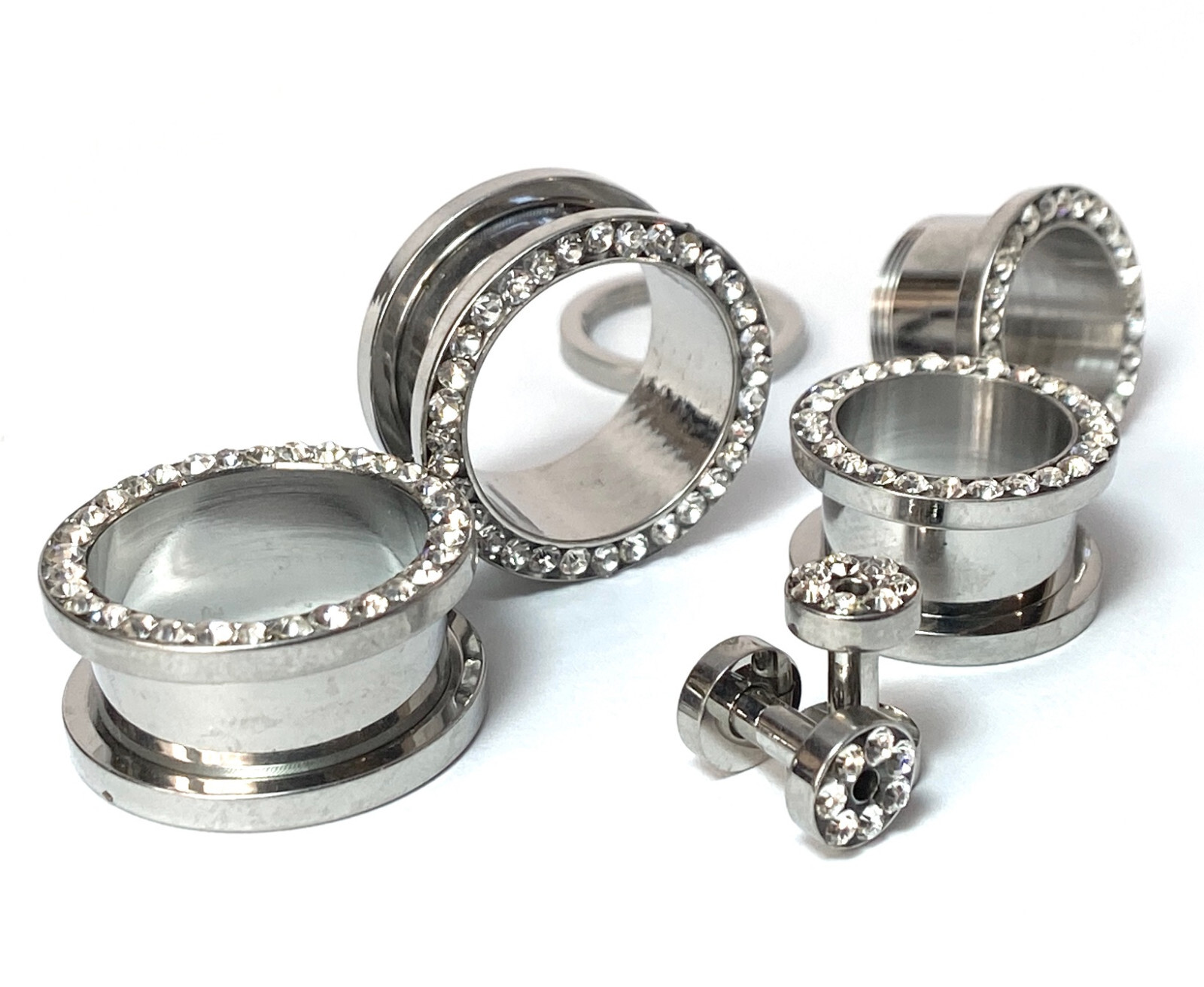 PAIR Clear CZ Gem Rimmed 316L Surgical Steel Screw Fit Tunnels Plugs Gauges