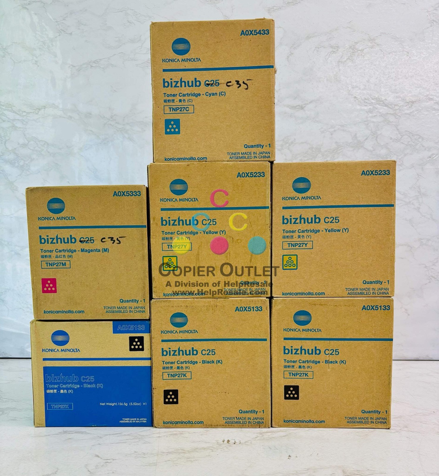 7 Open Genuine Konica BH C25 Cyan, Magenta, Yellow & Black Toner TNP27 CMYYKKK
