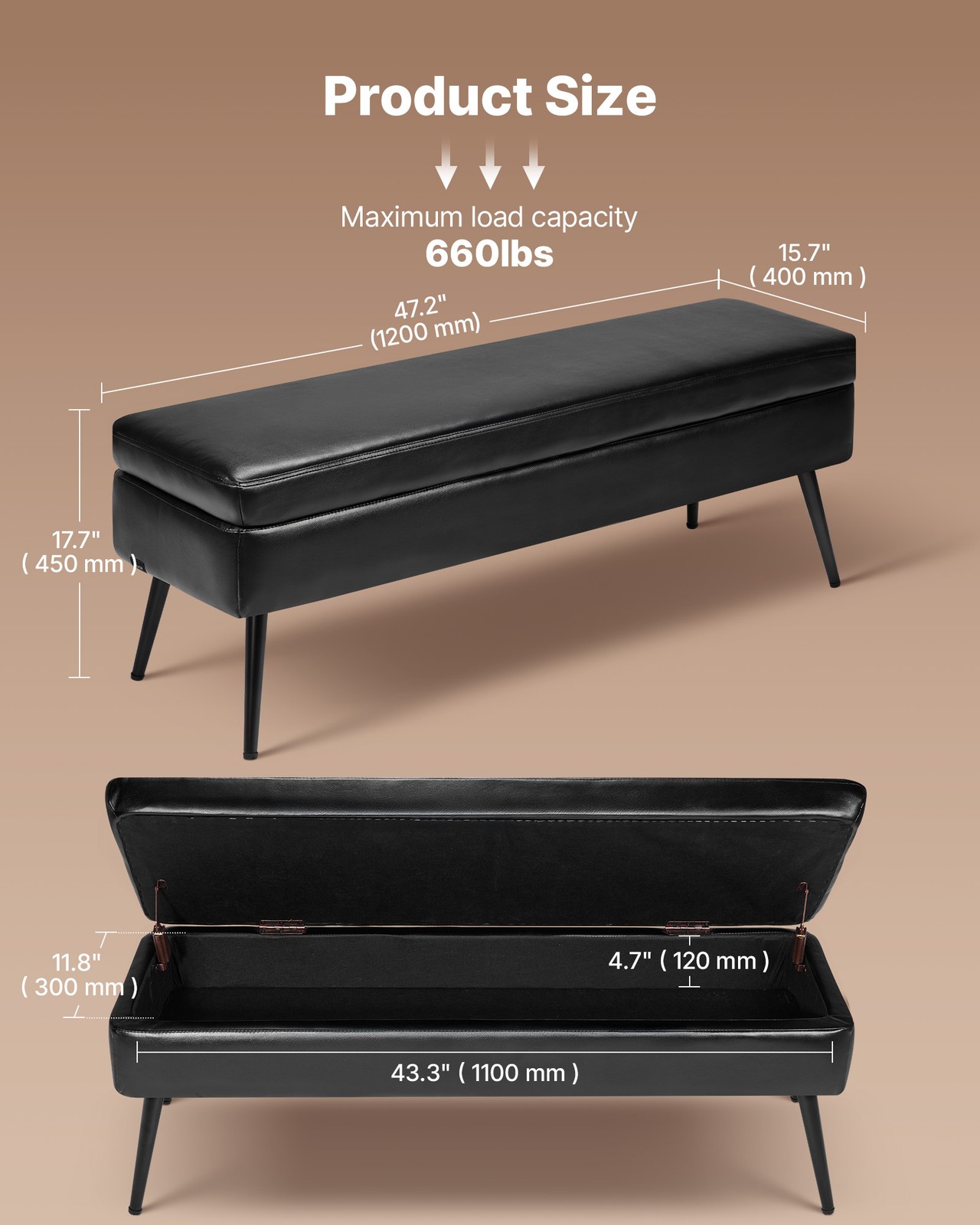 Uimoso PU Leather Storage Ottoman Bench Shoe Seat with Storage & Metal Leg Black