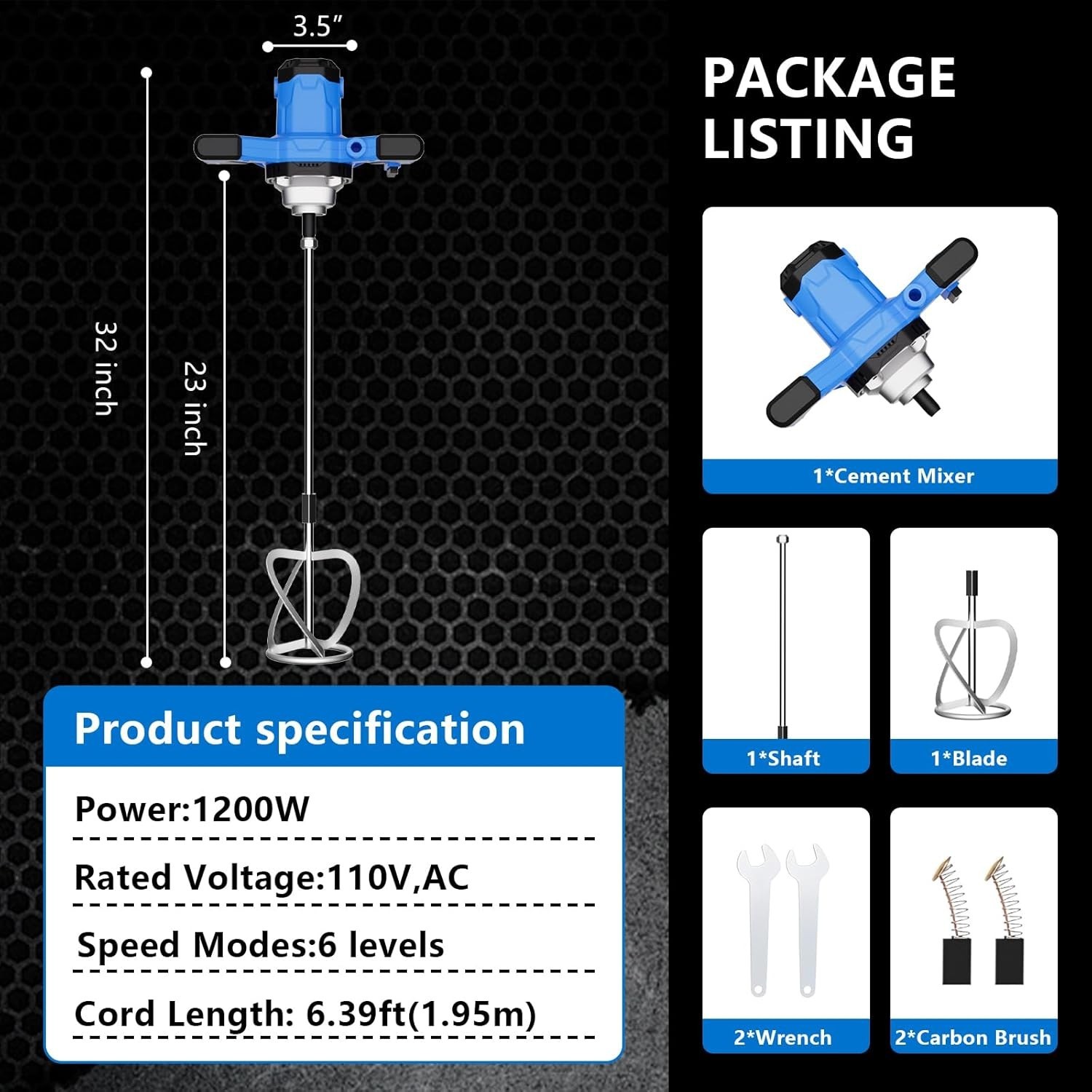 Handheld Concrete Mixer Cement 110V Portable Mud Mixer with 6 Adjustable Speed