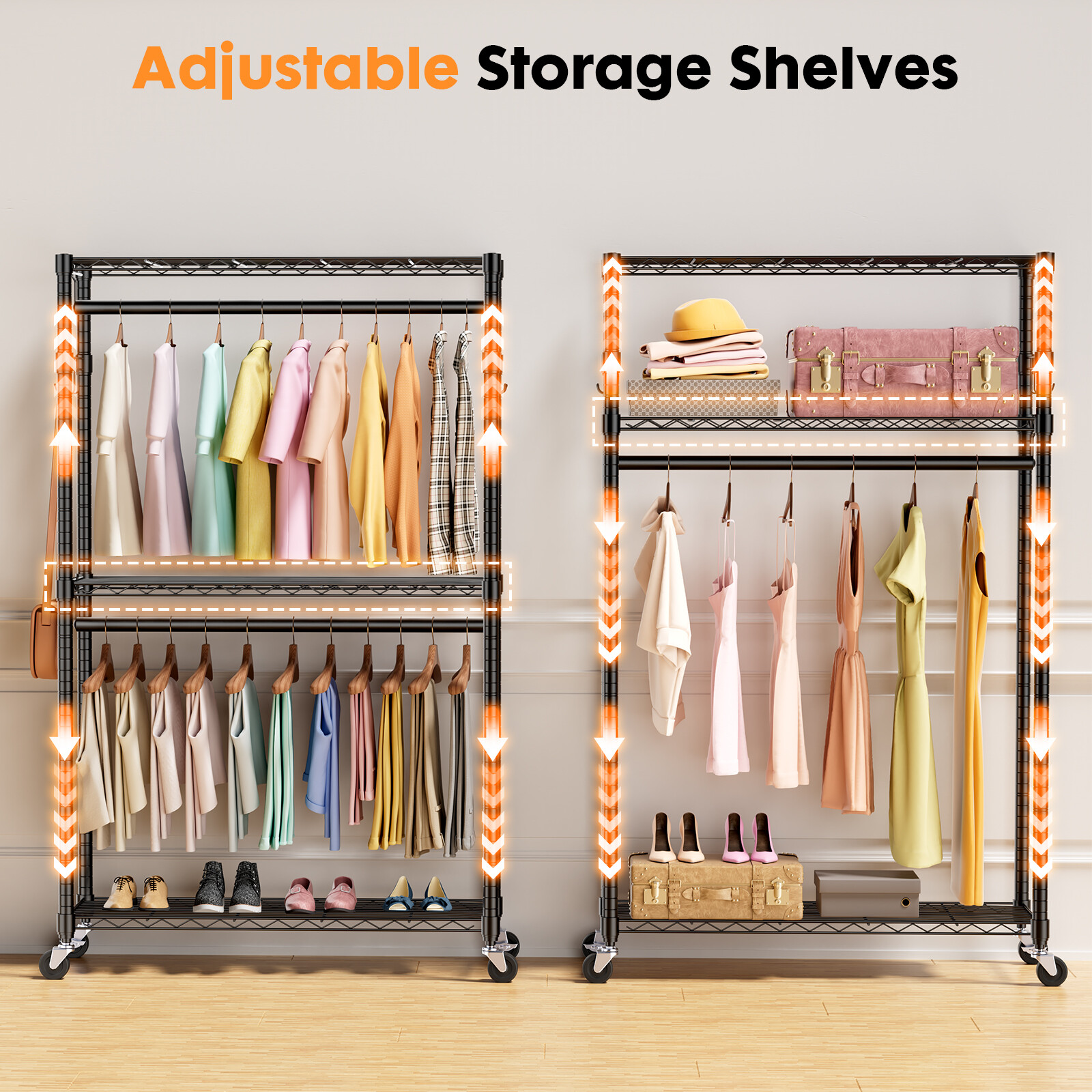 Big Tall Rolling Garment Rack Heavy Duty Double Rails Clothes Rack W/ Wheels