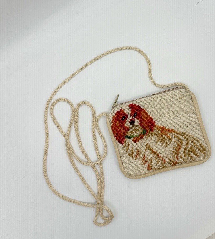 Vintage Needlepoint Cavalier King Charles Spaniel Crossbody Bag Purse