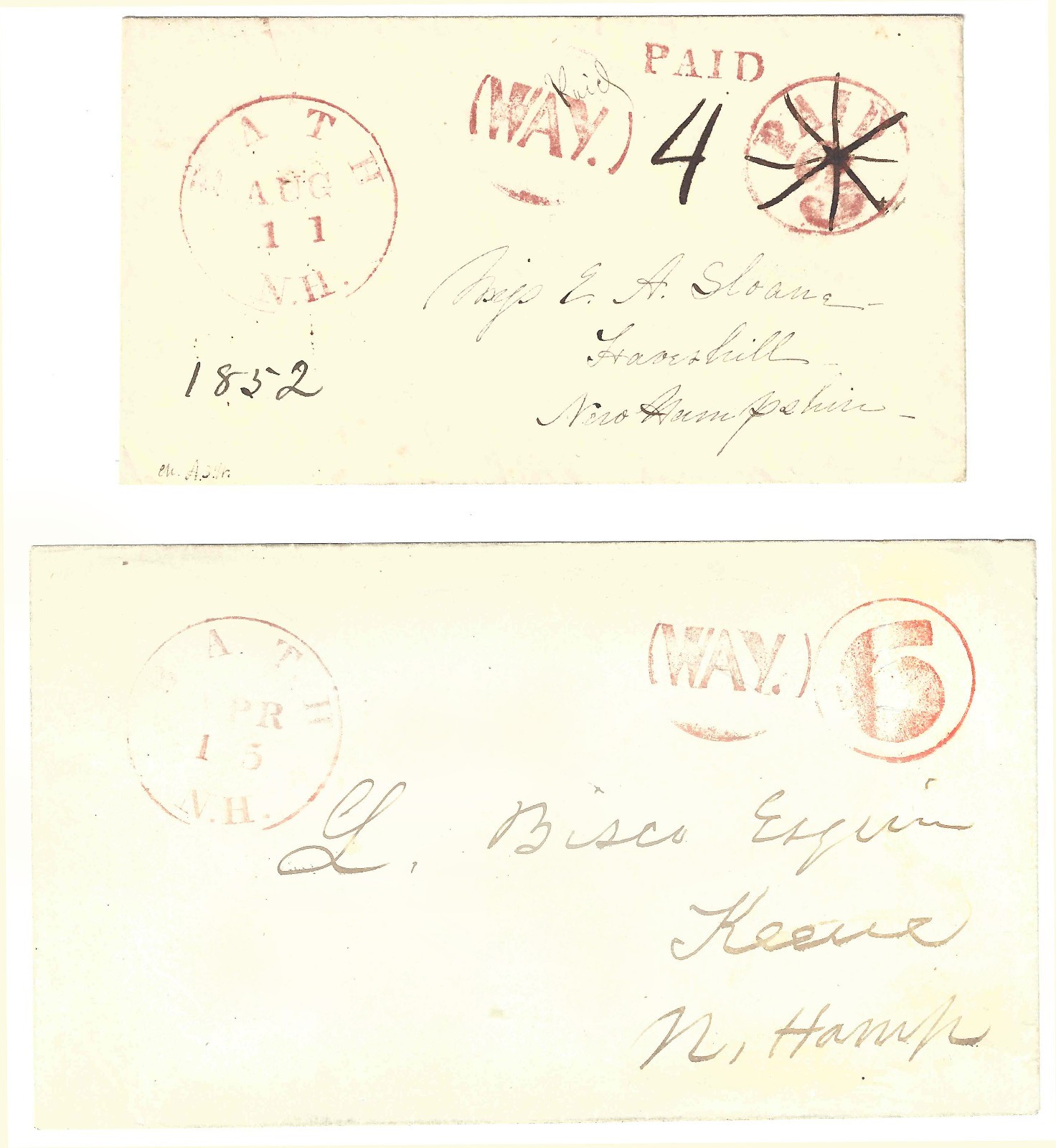 Bath, NH, circa 1852 Way covers, Paid 4 and Due 6, rare matched pair, very fine