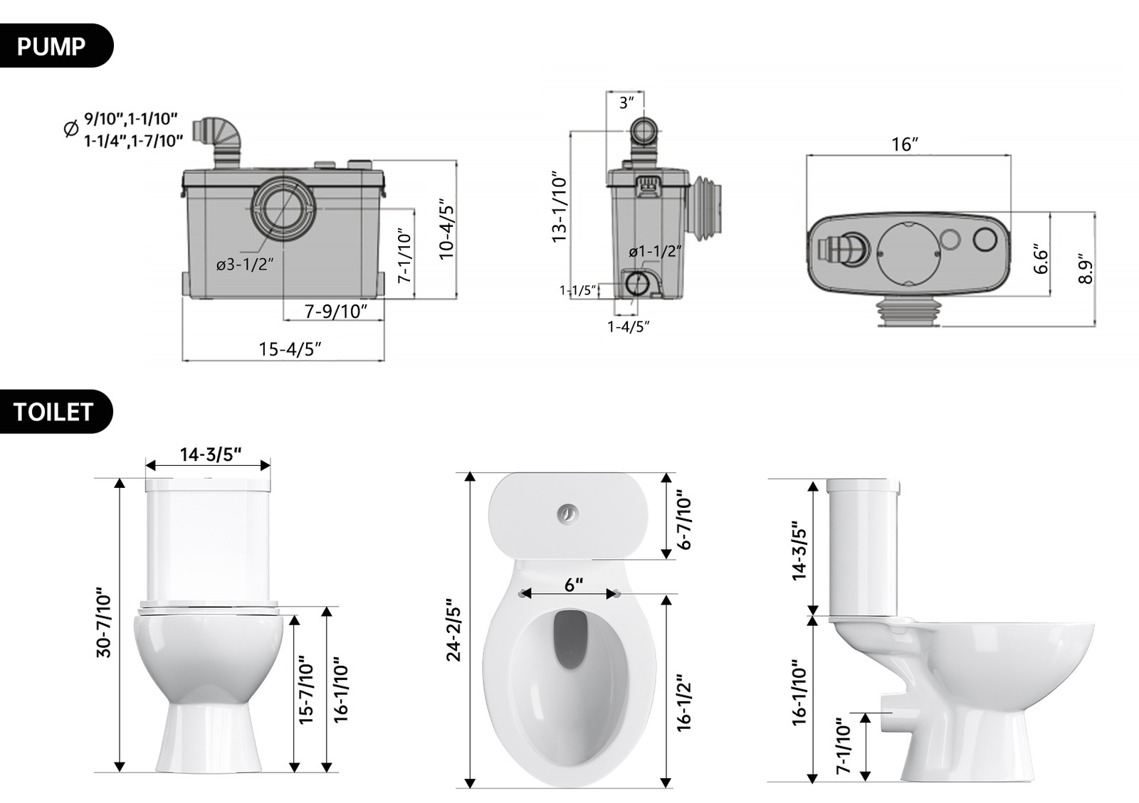 Macerating Toilet System with 500W Pump Upflush Dual Flush Toilet for Basement