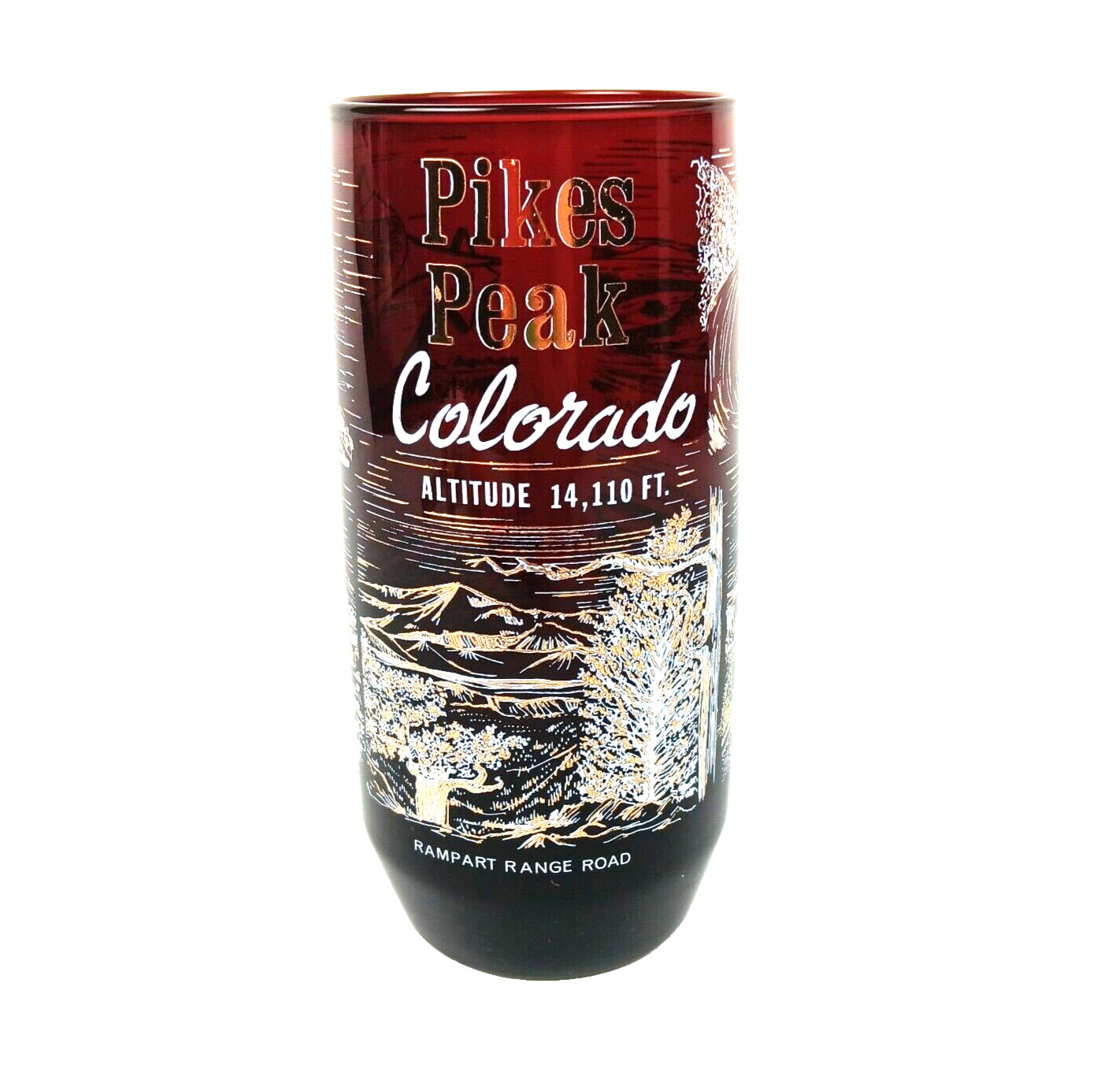 Colorado Tourists Water Glass Pikes Peak Red Glass Gold White Art Vintage