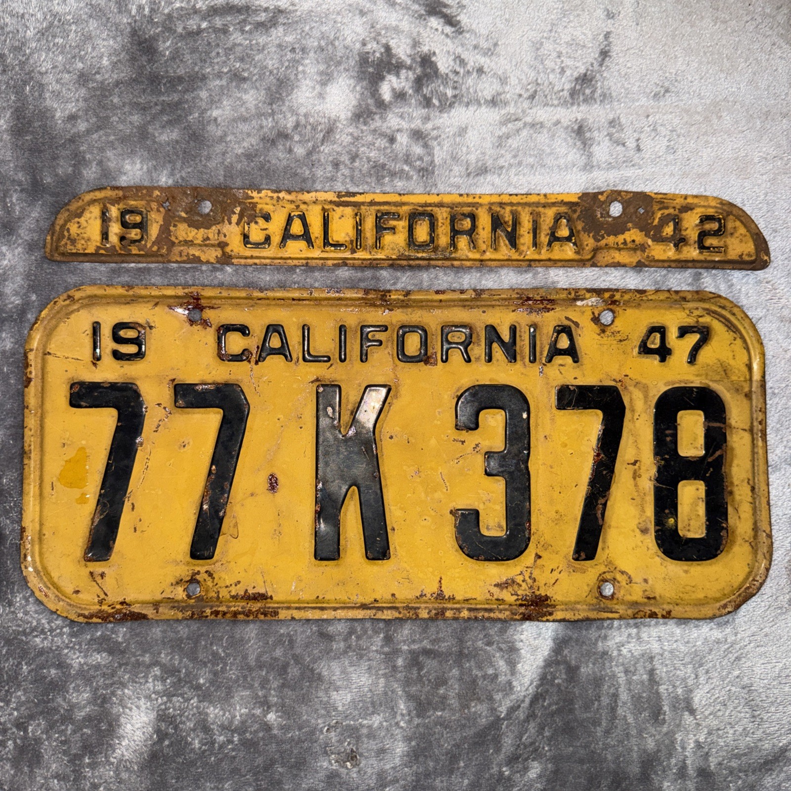 1947 California License Plate 77K378 w/ 1942 Tag Original Yellow Black CA DMV