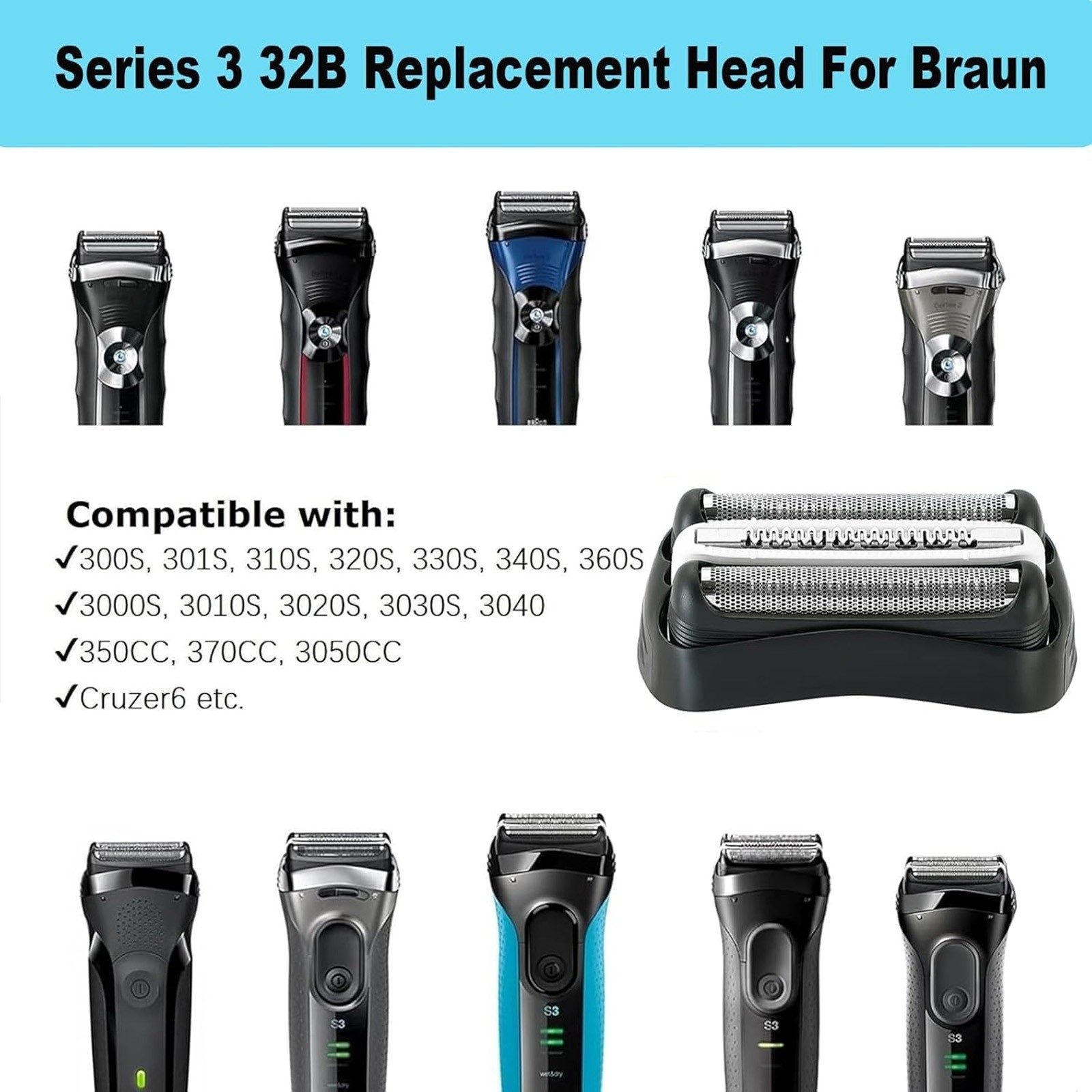 2PACK 32B Replacement Shaver Head Compatible with Braun S3 Razors 301S, 310S