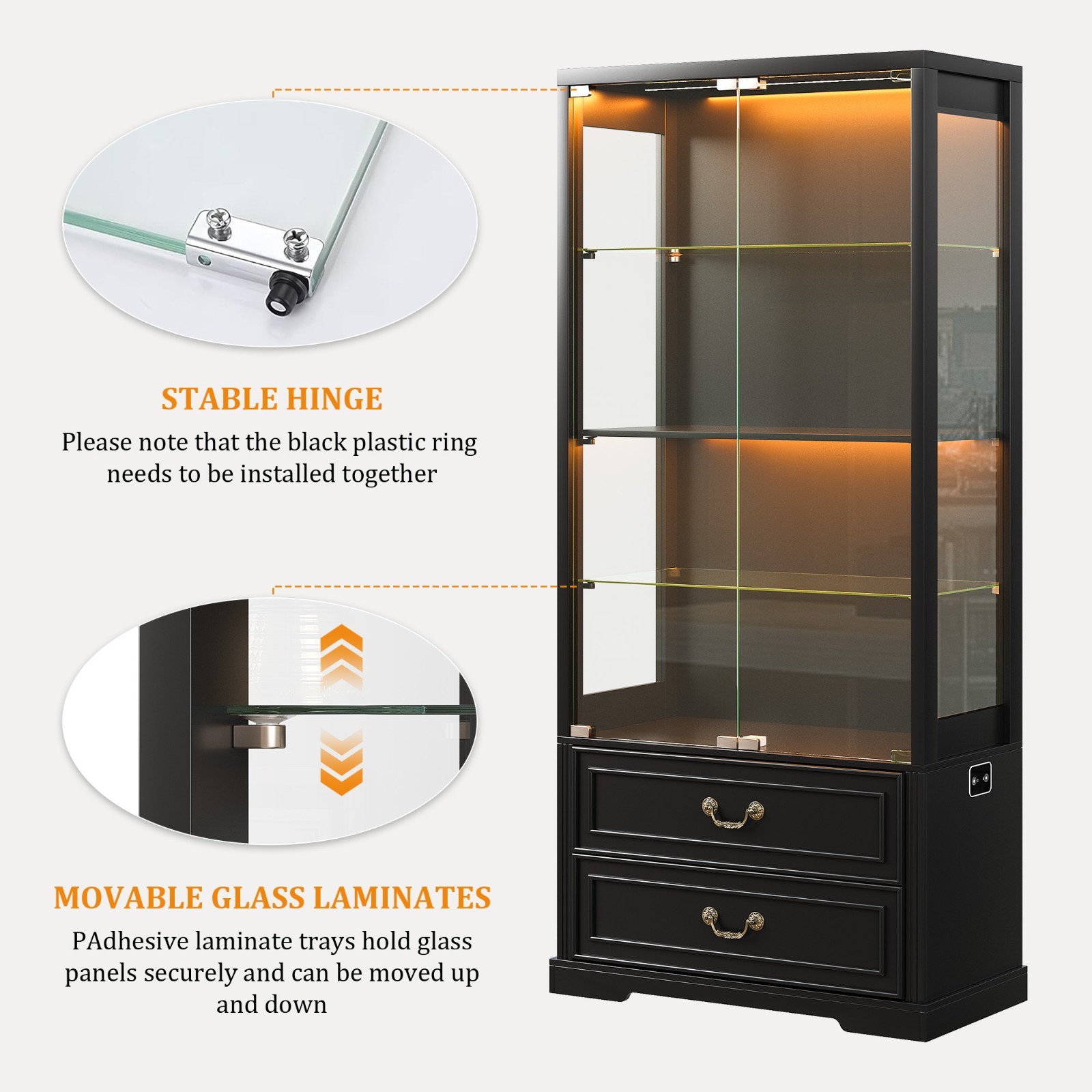 Display Cabinet with Adjustable Glass Shelves & LED RGB Lights for Collectibles
