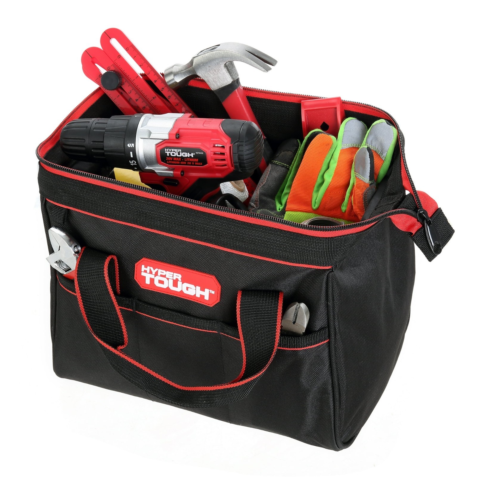 Hyper Tough 12-inch Polyester Tool Bag, with Full-Length Zipper and Double Strap