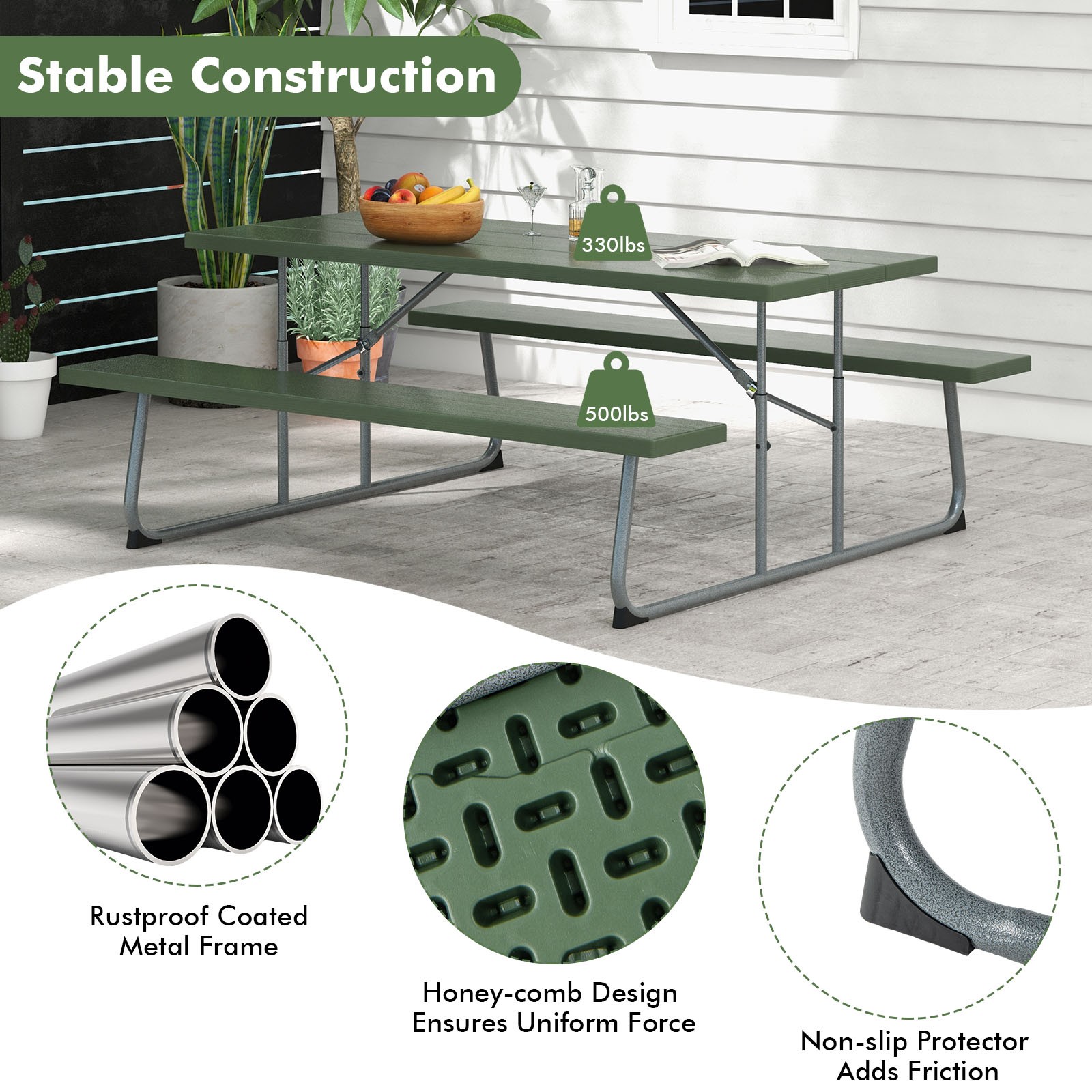 Folding Picnic Table w/ 2 Benches All Weather Wood-like Tabletop Umbrella Hole