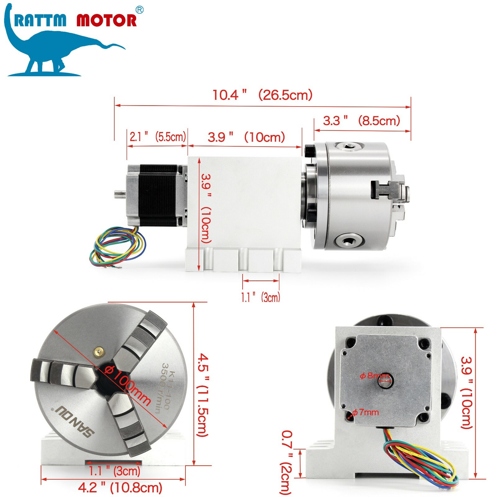 （US）Rotation 4th Axis 3 Jaw 100mm 50:1 Gapless Harmonic Zero Backlash+ Tailstock