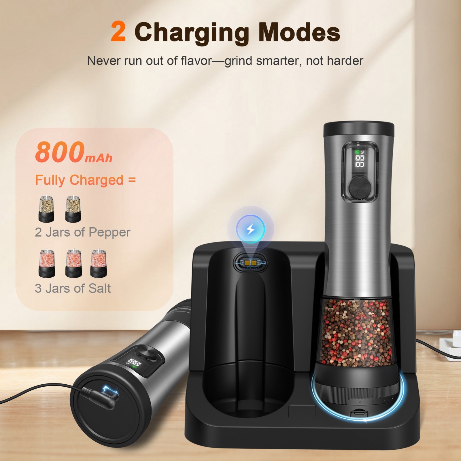 Electric Salt Pepper Grinder Set, Rechargeable Base, Adjustable Coarseness, 2PCS