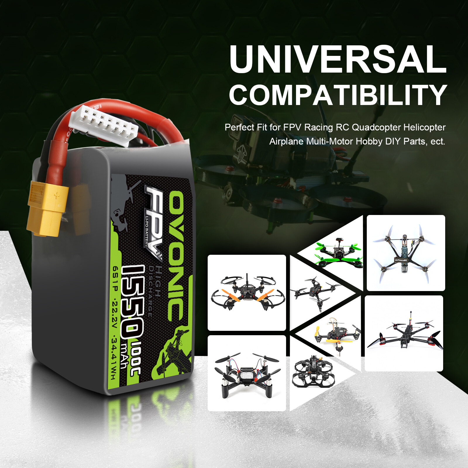 OVONIC 100C 22.2V 1550mAh 6S Lipo Battery XT60 Plug For FPV RC Drone Quad Vortex