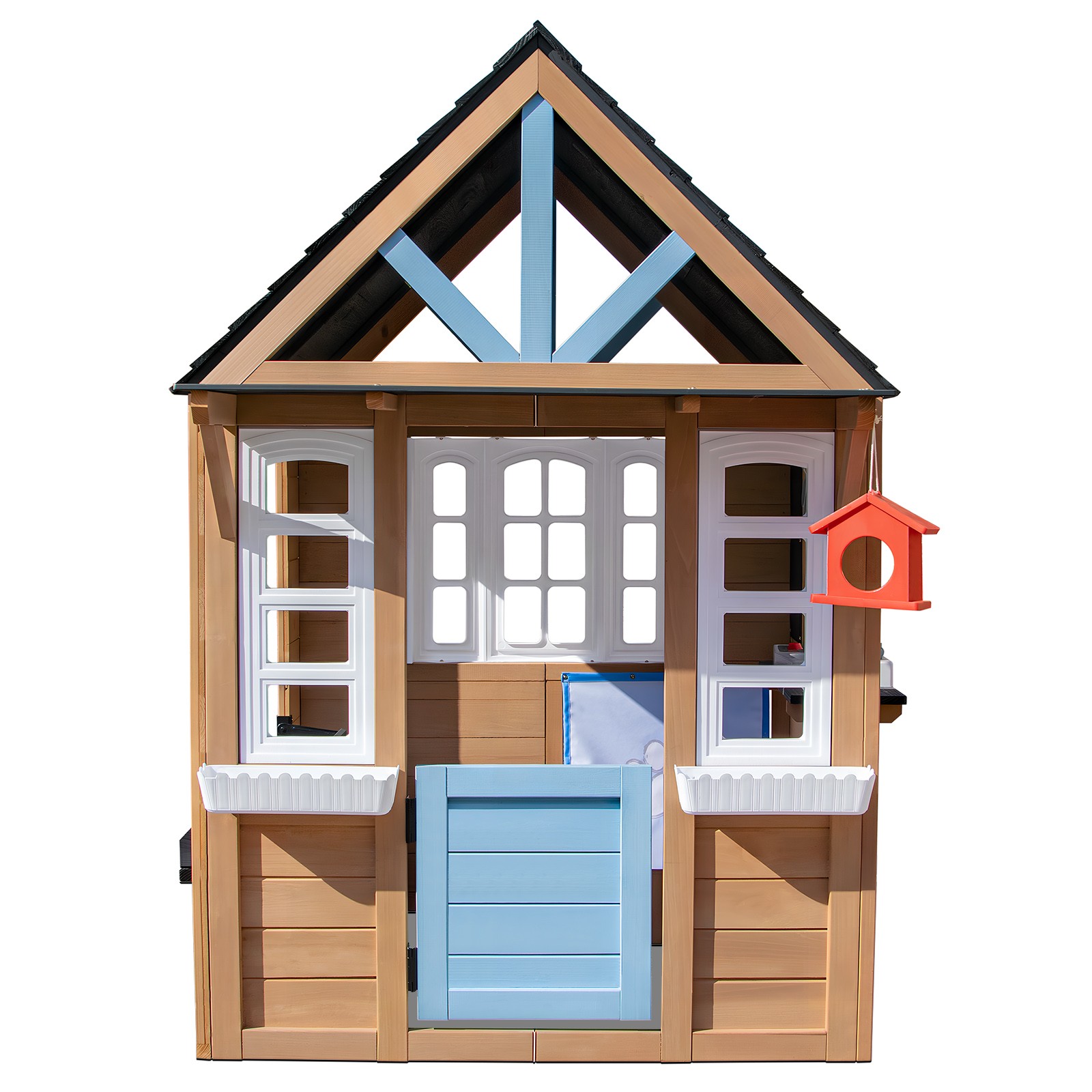 Kids Wooden Playhouse with Bench,Play Kitchen,Chalkboard,Flowerpot,Birdcage