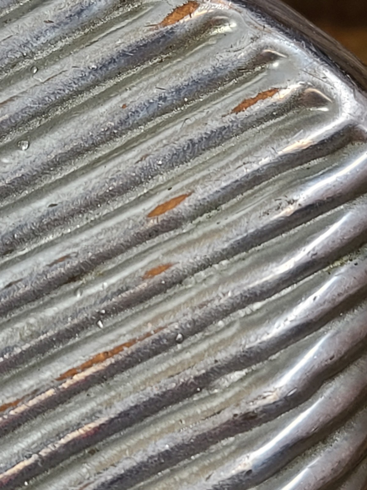 Antique Silver & Copper Plated Glass Ribbed Hip Flask 5-3/8" Tall Vintage