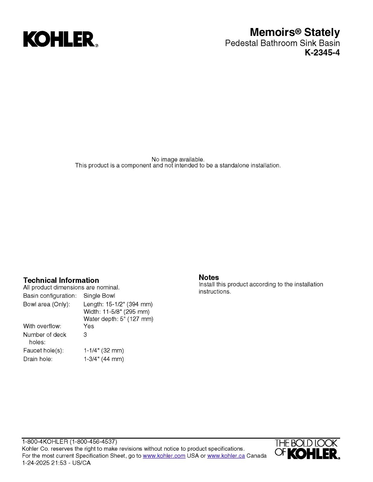 Kohler: Memoirs Pedestal Sink (Biscuit)