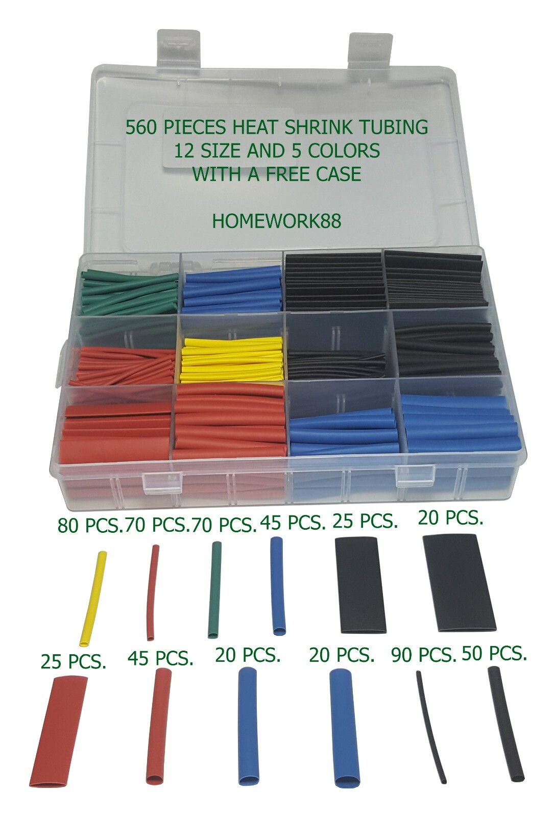 560pc 2:1 Heat Shrinking Tubing Tube Sleeving Wrap Cable Wire ,5 Colors 12 Sizes