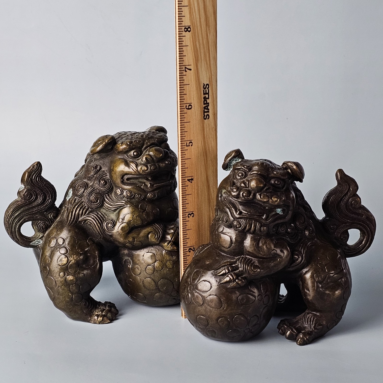 Vintage Asian Mythical Fu Foo Dog Guardian Lions Bronze Sculpture Marked
