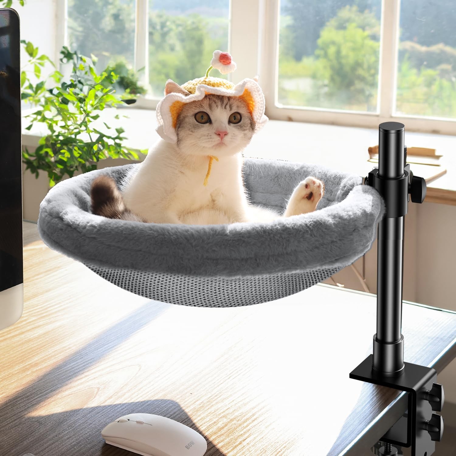 Cat Desk Bed, Cat Hammock for Home Office, 360°Rotating & Adjustable Shelf, R...