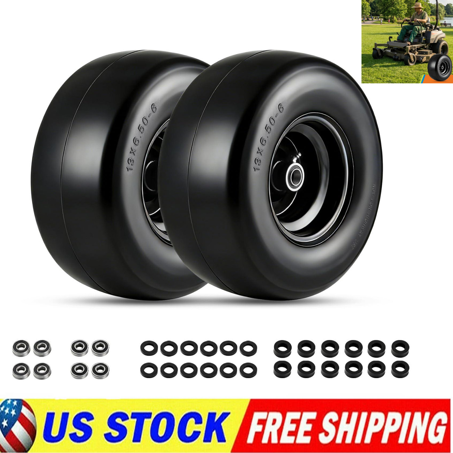 2 pack 13x6.50-6 Flat Free Tire Wheel Set w/ Bearing For Zero-Turn Lawn Mower