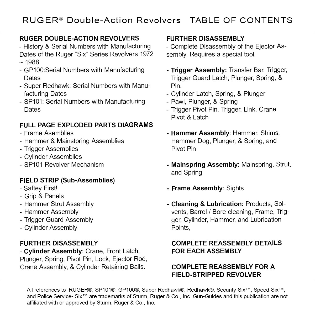 Ruger Double Action Revolver Super Redhawk SP101 GP100 Manual Book Gun-Guides