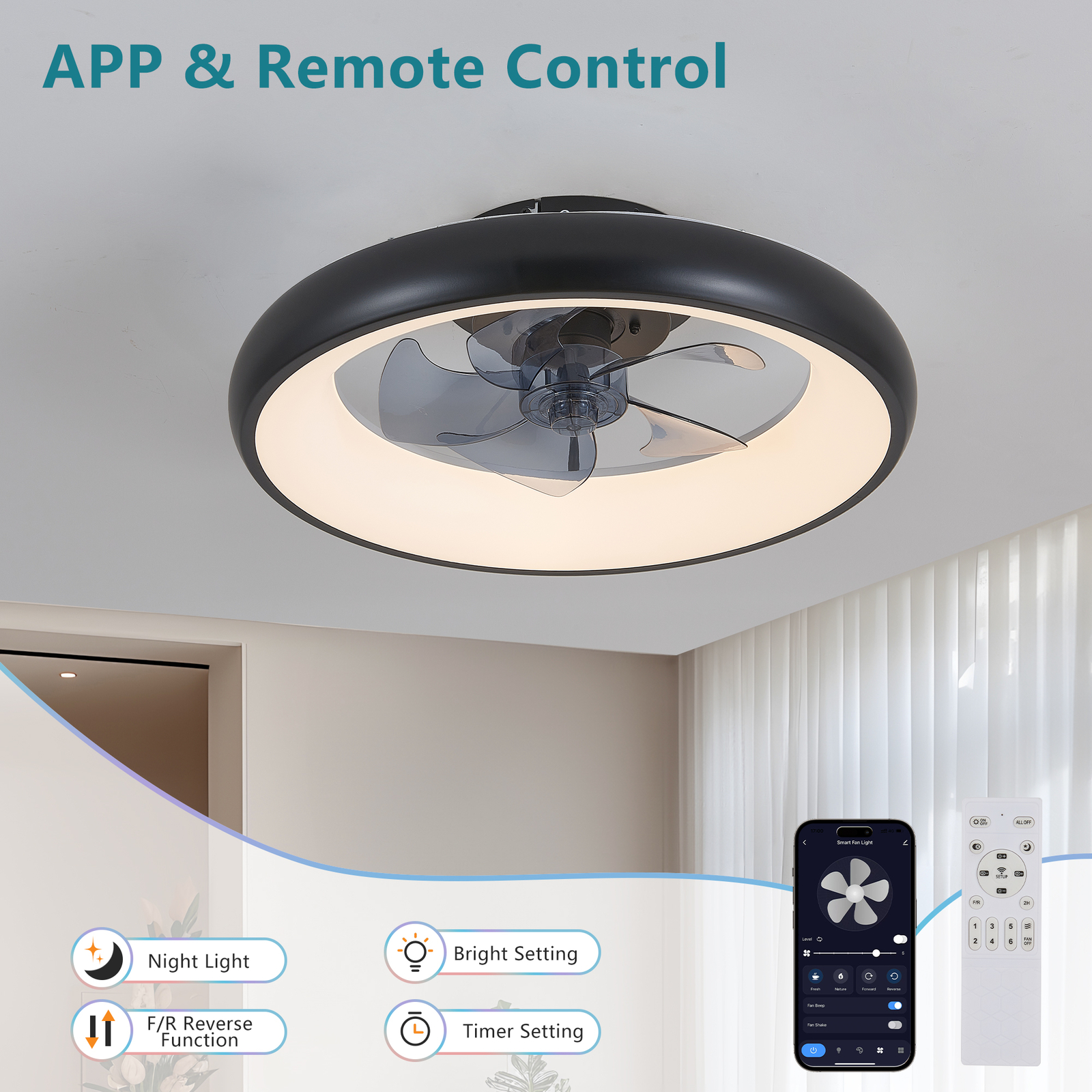 20" Black LED Ceiling Fan Light Flush Mount Modern kit With Remote APP Control