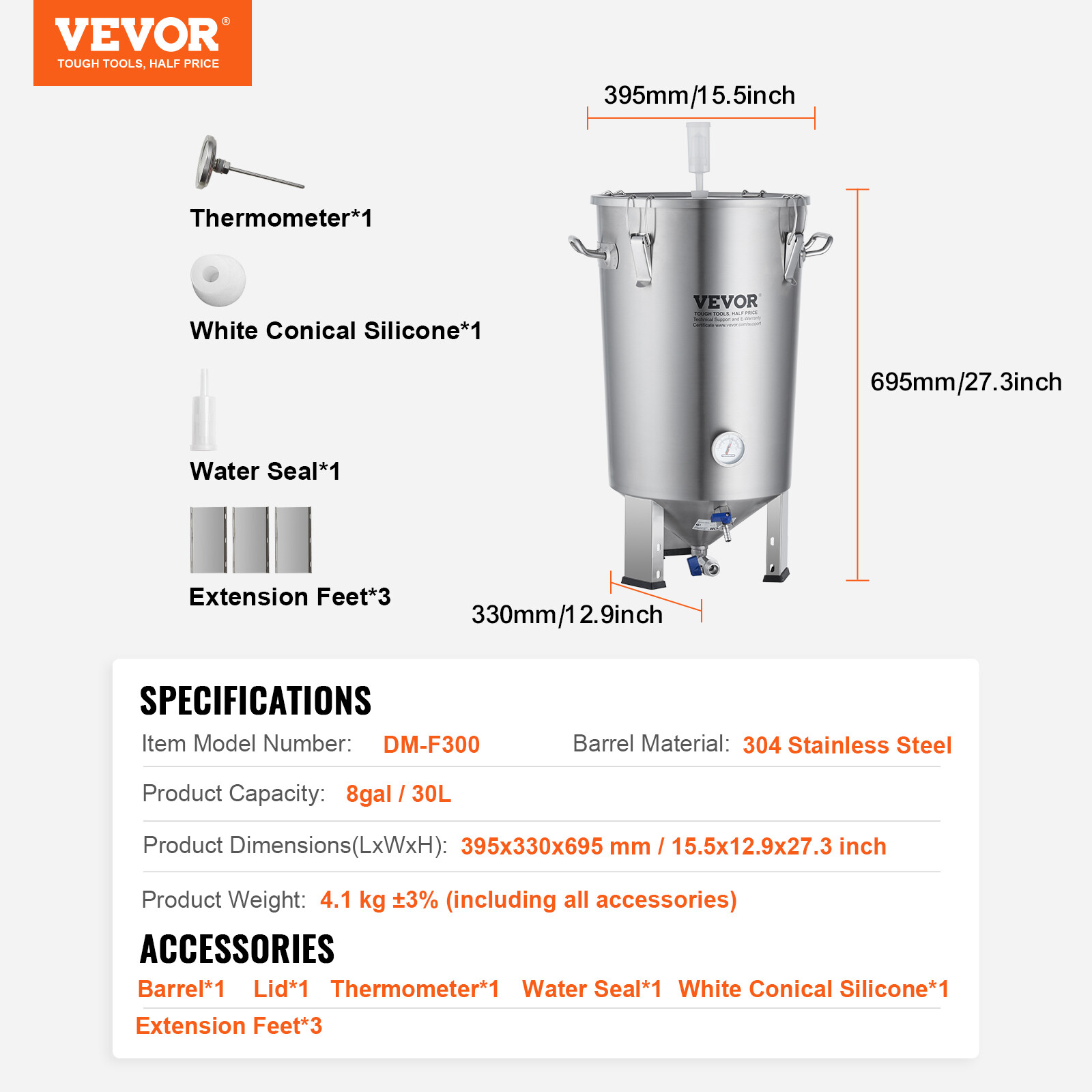 VEVOR 8 Gal Stainless Steel Home Brew Kettle Set Beer Brew Bucket Fermentor