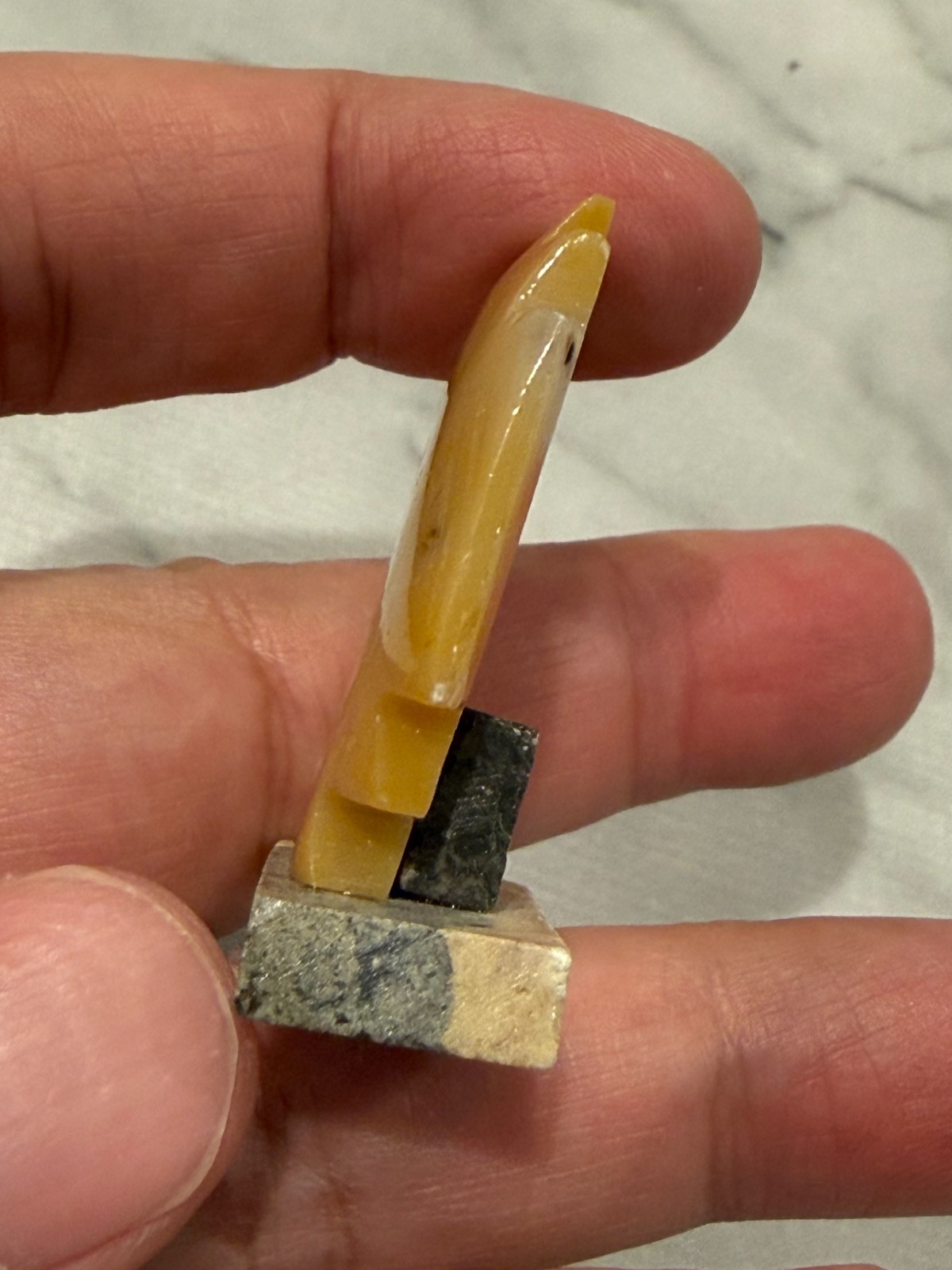 Vintage Small Yellow Stone Carving Chakana Inca Cross on Stand