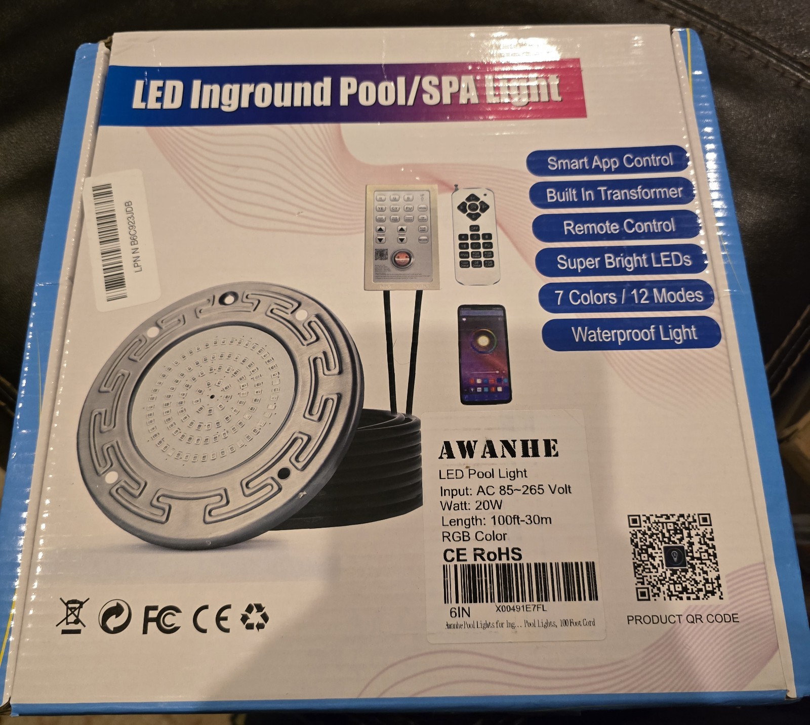 Awanhe Inground 20W LED Pool Light 100ft Cable With Remote And APP Controll