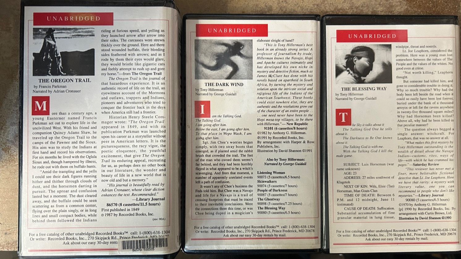 Tony Hillerman - 3 key audiobook Cassette Tapes, Oregon Trail, Dark Wind, Blessi