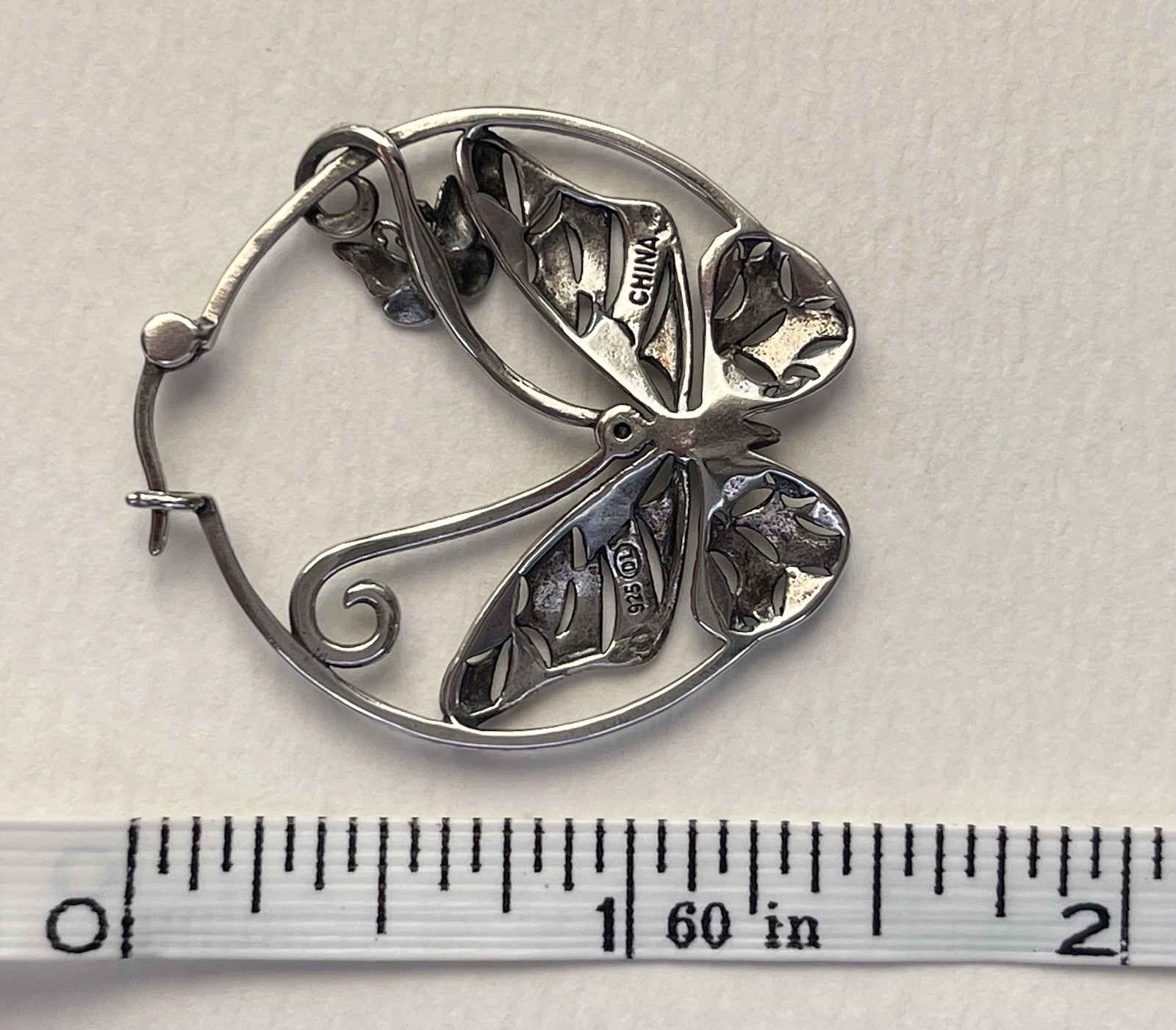 Sterling Silver Butterfly Hoop Earrings & Pendant Necklace 18” Set Signed 925 DL