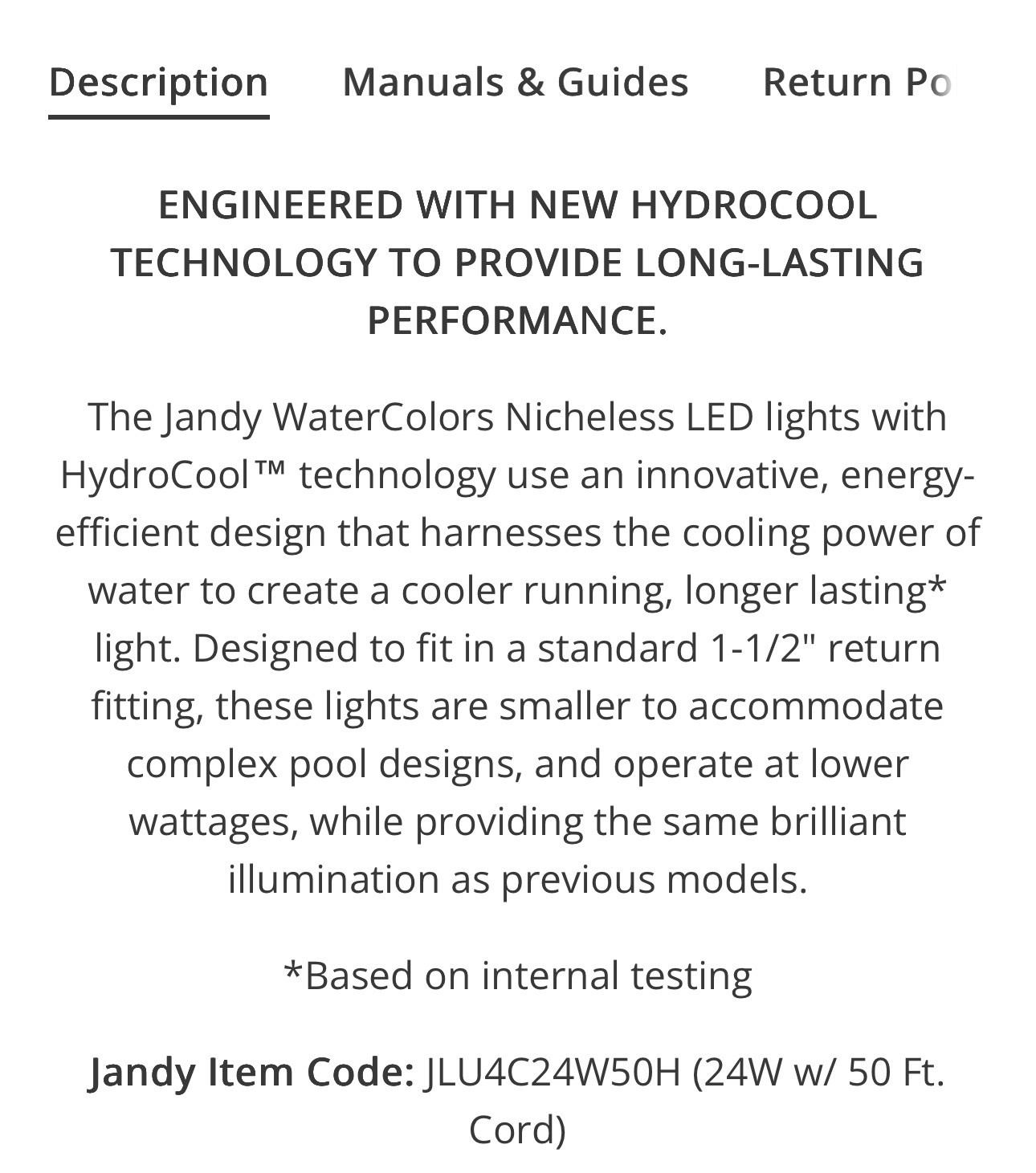 NEW Jandy Watercolors Nicheless LED Light JLU4C24W50H 24W H Series 50' Cord