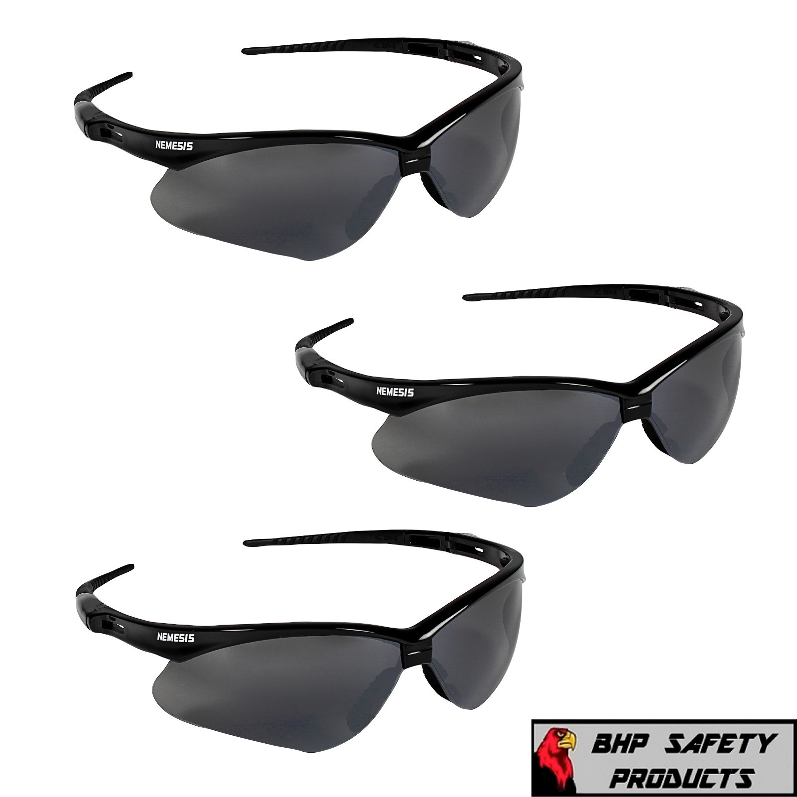 3 PAIR NEMESIS SAFETY GLASSES SUNGLASSES BLACK SMOKE MIRROR LENS GRAY 25688