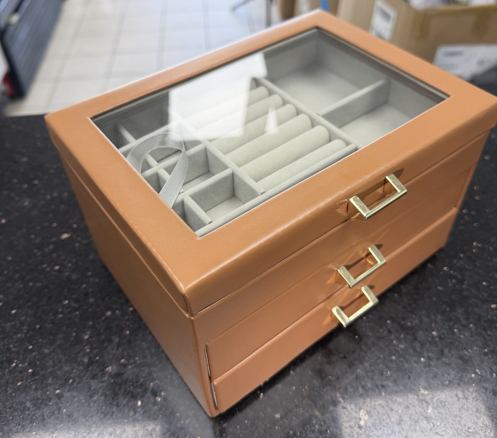 Leather Jewelry Box Organizer with Glass Lid, 3 Drawer Jewelry Storage Case