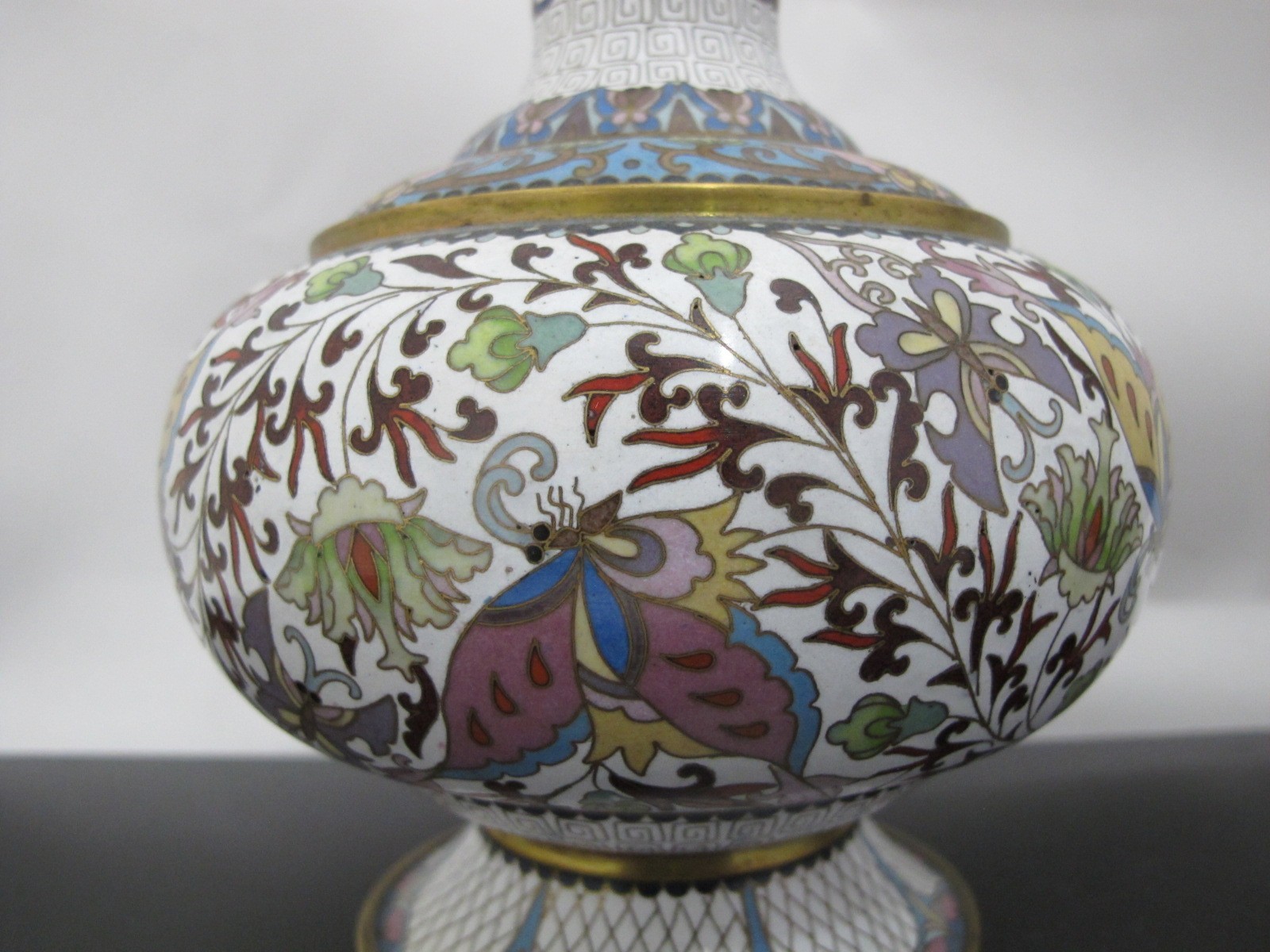 CHINESE White Enamel CLOISONNE Colorful Butterfly & Flower Vase Pair