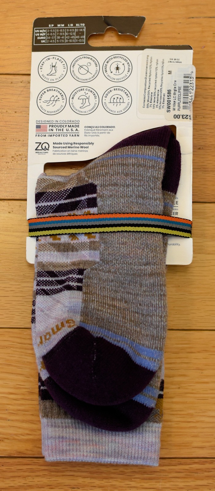 NWT SMARTWOOL Hike Lite Cushion Womens Margarita Crew Socks-M $23 PURPLE ECLIPSE