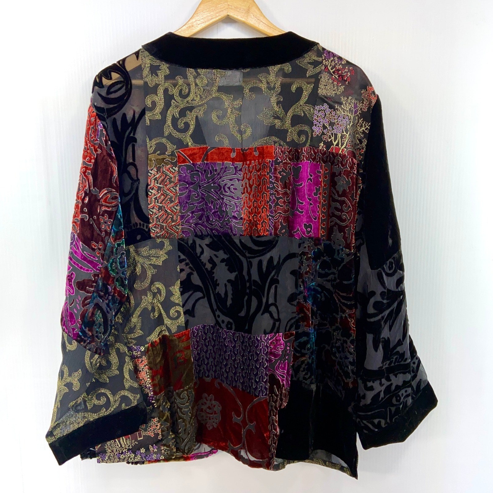 Chicos Patchwork Velvet Burnout Kimono Yukata Jacket Black Floral Womens 3 XL 16