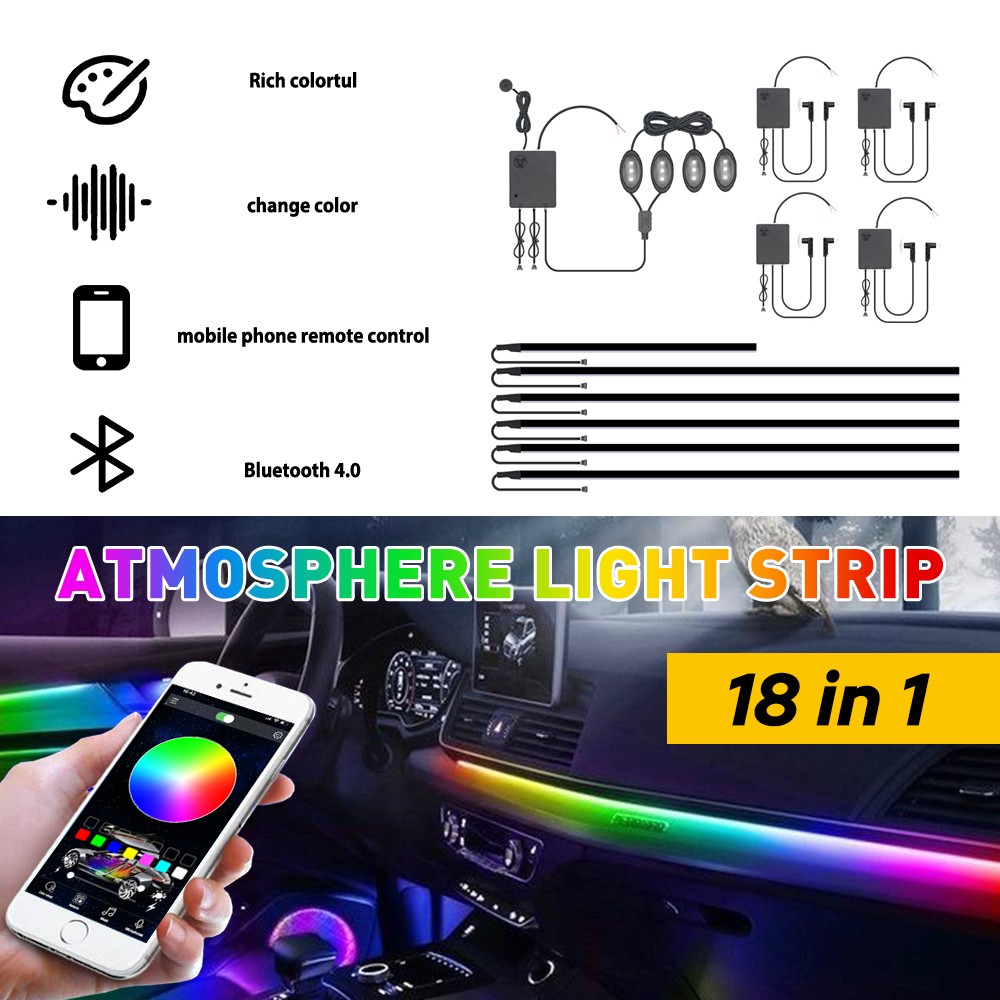 18in1 Car Atmosphere Interior LED Acrylic Guide Fiber Optic Ambient Lights Decor