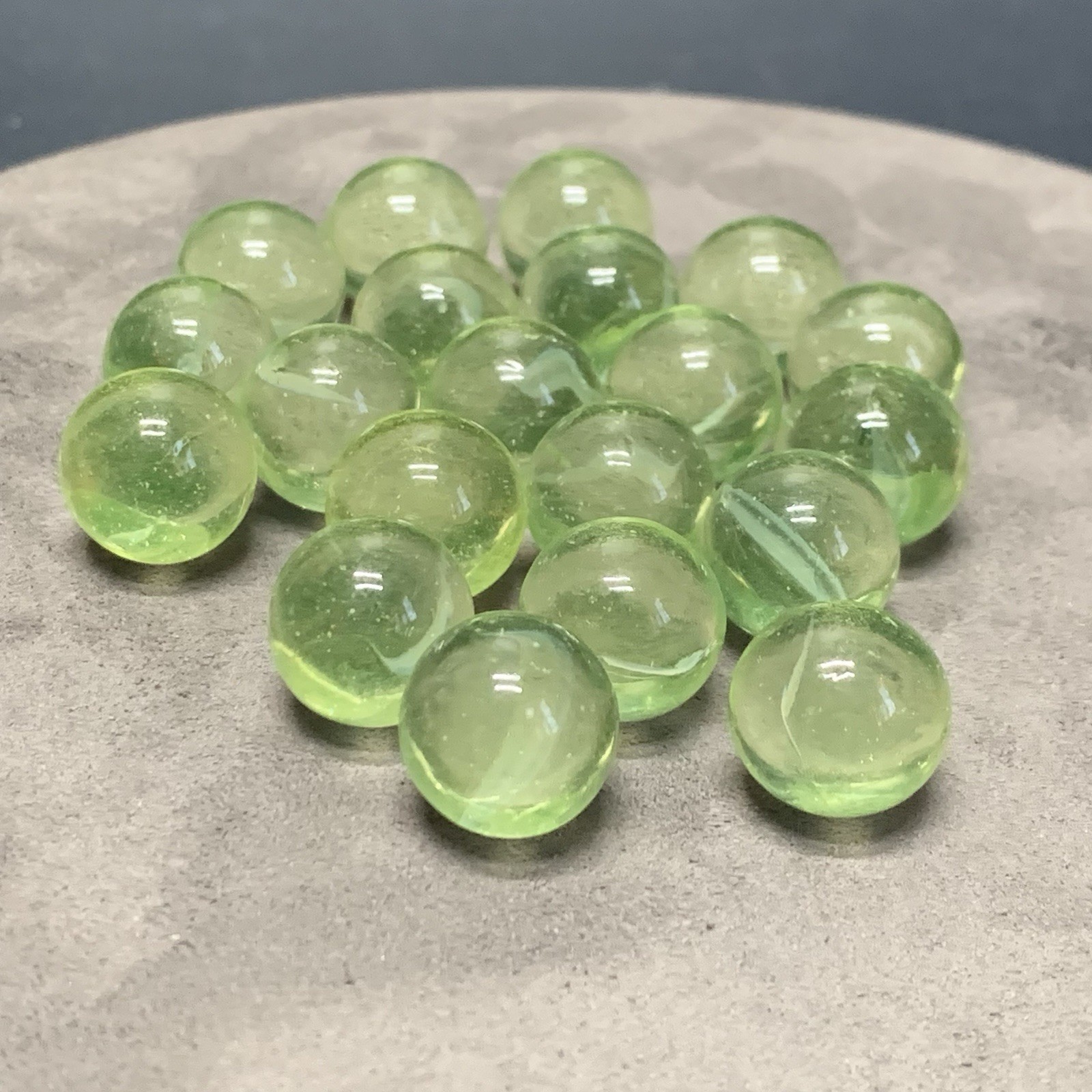 Vaseline Glass Uranium Glass Marbles Swirl UV Glow, Appr 5/8” 15mm, Lot Of 20.