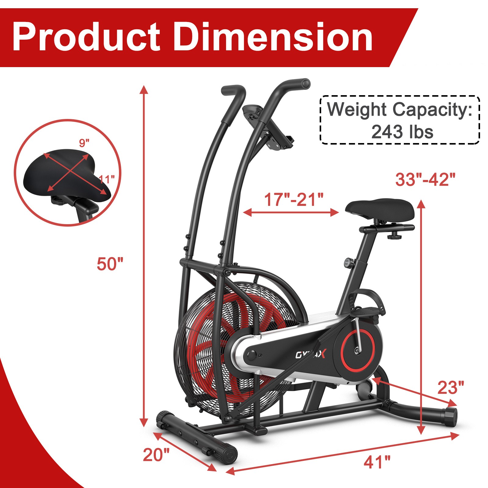 Unlimited Resistance Airdyne Bike Fan Exercise Bike with Clear LCD Display