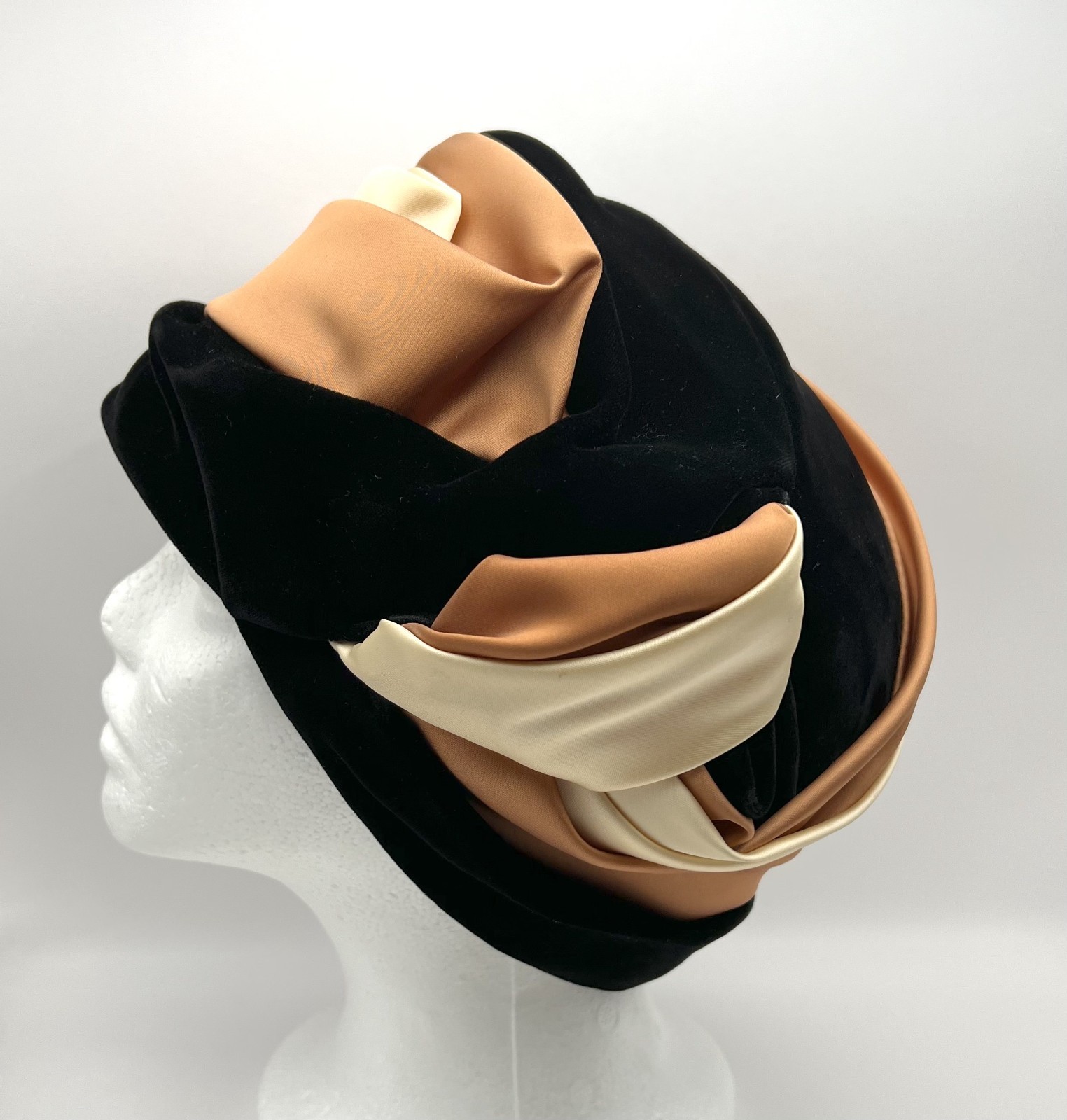 Vintage Shari Creations Turban Hat Black Velvet Cream Copper Satin USA Union