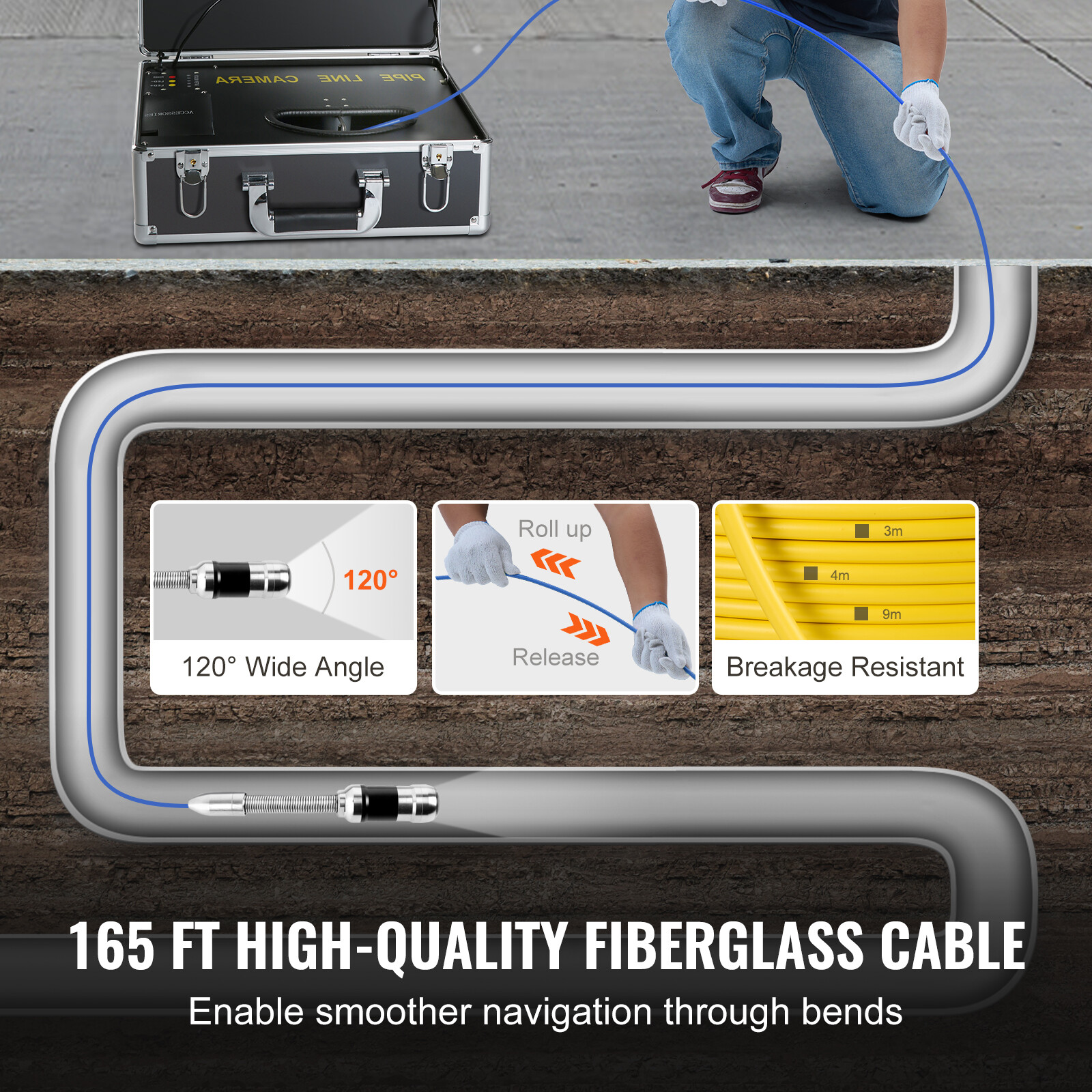 VEVOR 50m/165ft Sewer Camera Pipe Inspection Drain Camera 7 inch Screen