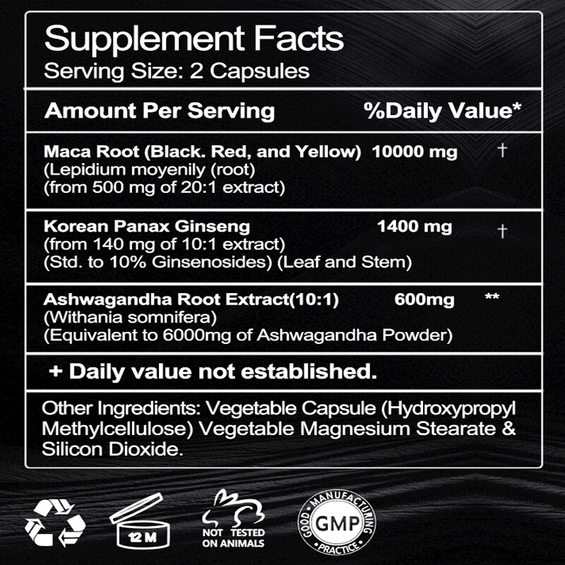Ashwagandha Maca+ Panax Ginseng Capsules Peruvian Extract Organic Vitamins 120pc