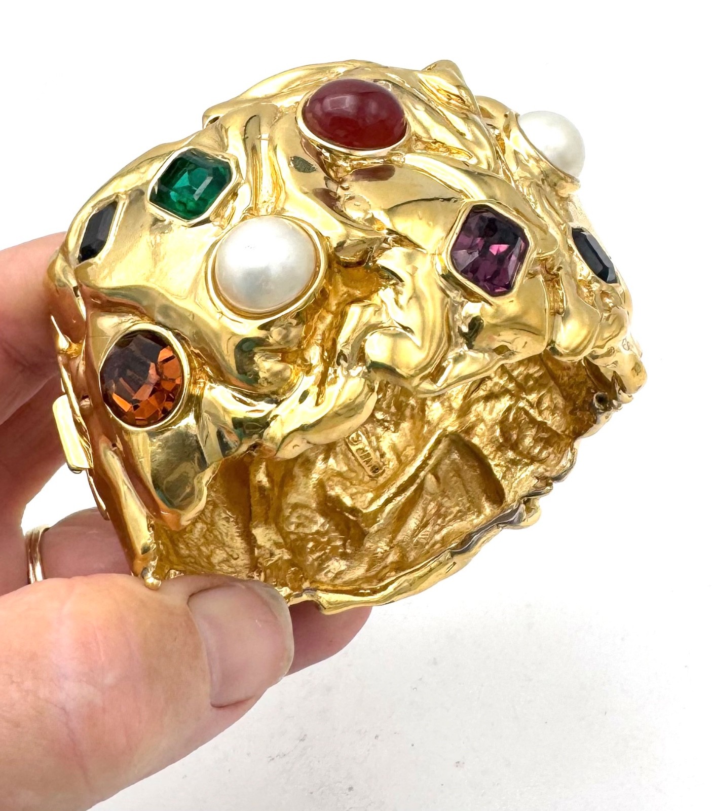 Vintage Ciner Mogul Gold Tone Pearl Gemstone Heavy Clamper Statement Bracelet