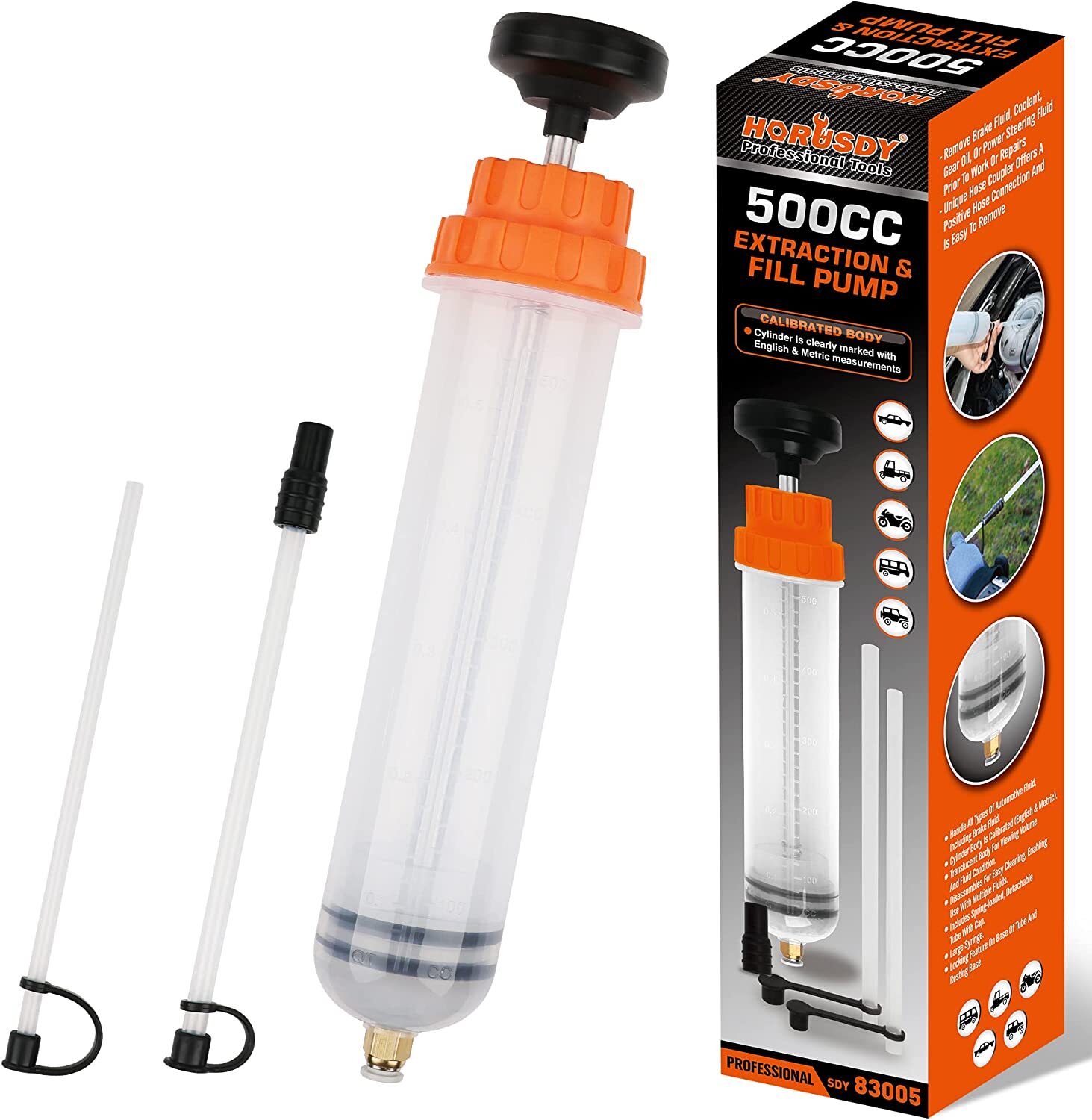 HORUSDY 500CC Fluid Extractor Automotive Oil Extractor Syringe Pump Manual
