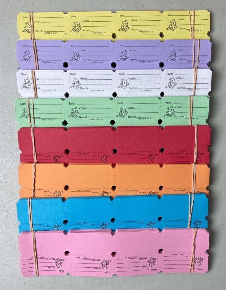 500 Raffle Tickets 50/50 Double Stub Split the Pot 8 Colors 1/4 Roll Folded Flat